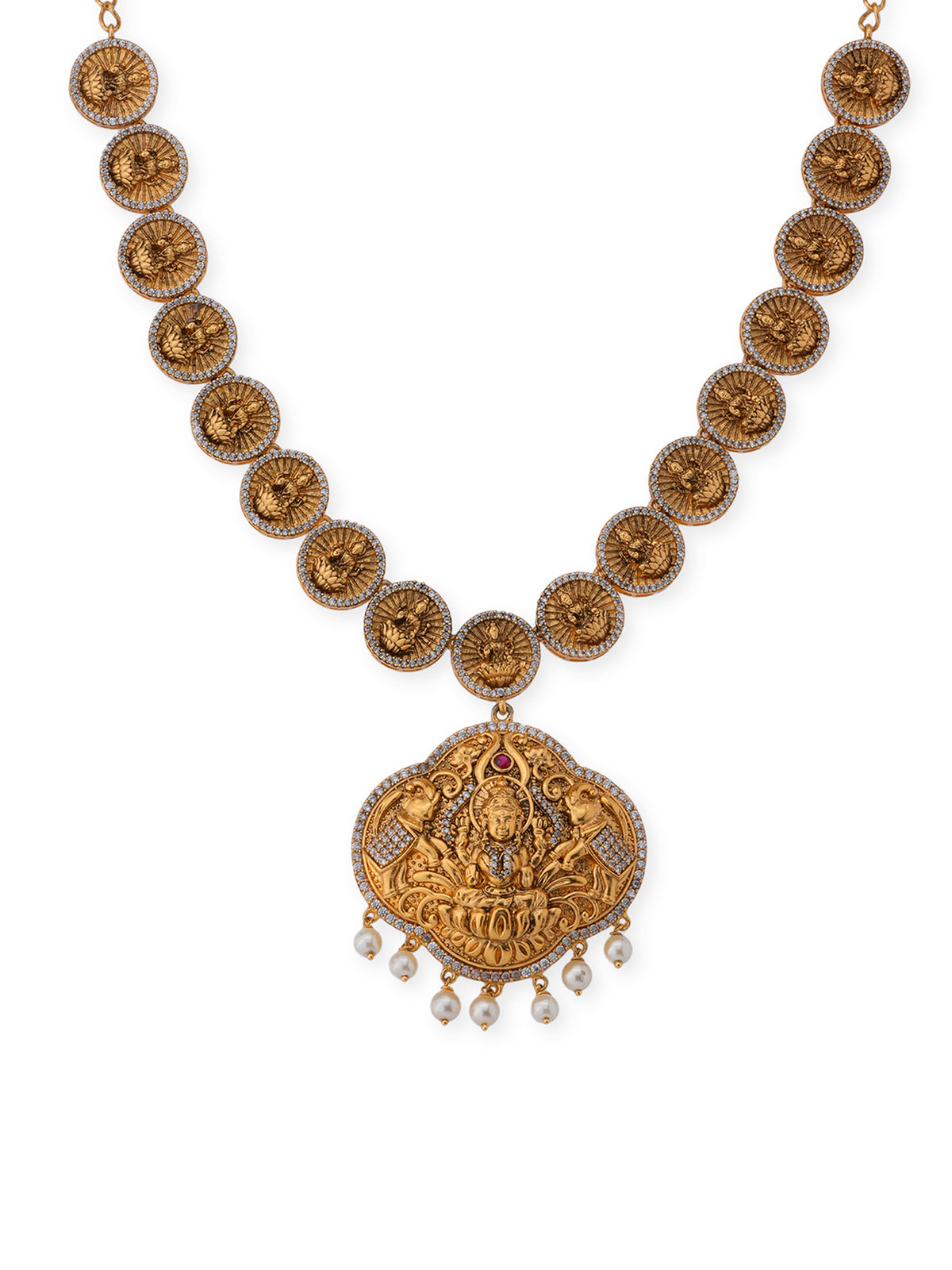 Detailed view of SIJA 925 silver Antique Gold Plated Lakshmi Devi Necklace highlighting intricate gold plated finish and ornamental craftsmanship