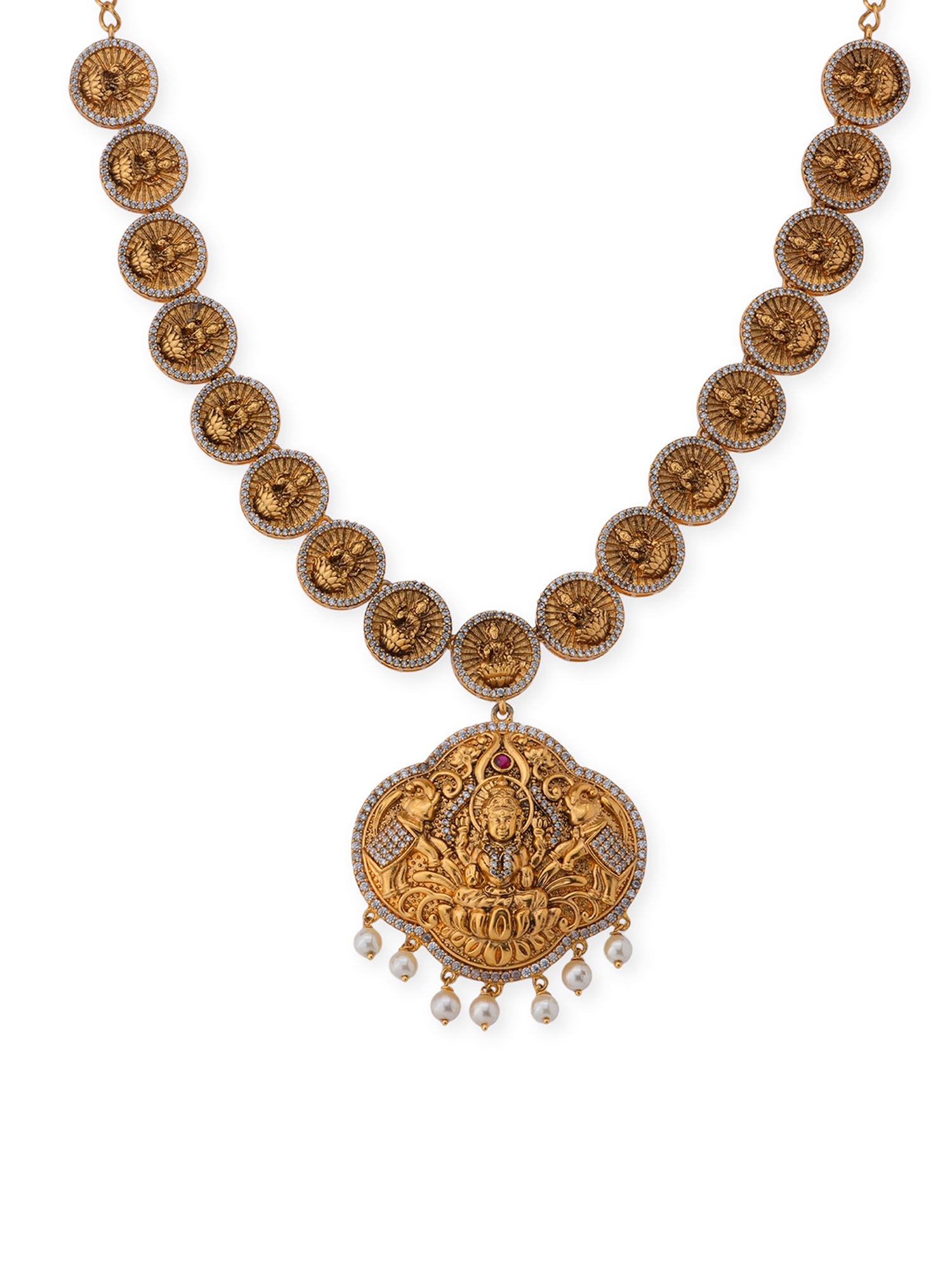 Detailed view of SIJA 925 silver Antique Gold Plated Lakshmi Devi Necklace highlighting intricate gold plated finish and ornamental craftsmanship