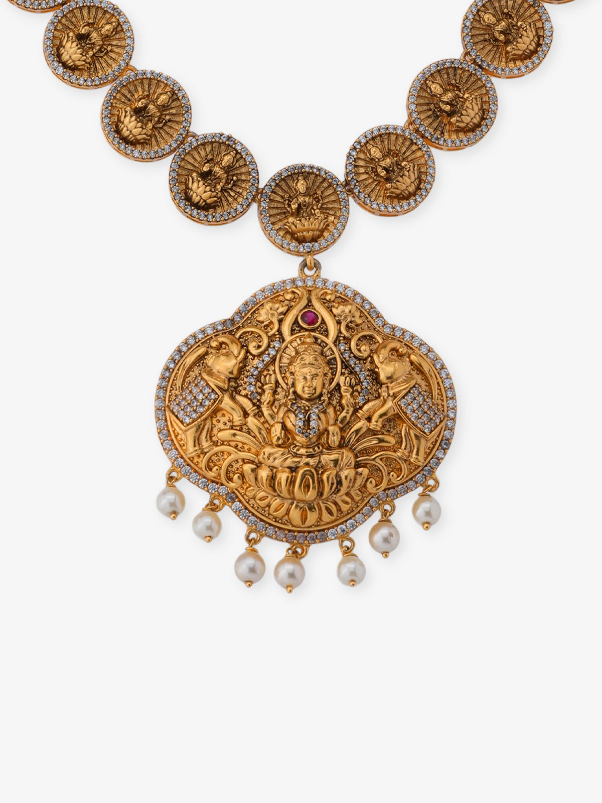 Close‑up of SIJA 925 silver Antique Gold Plated Necklace showing goddess Lakshmi Devi pendant detailing and handcrafted temple jewellery design