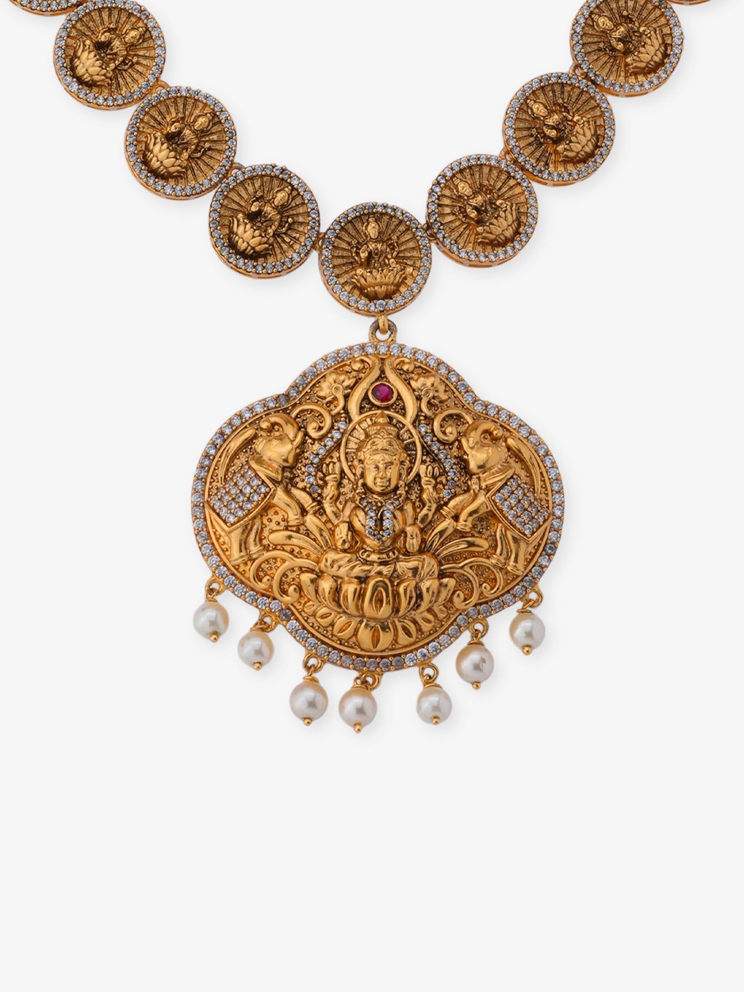 Close‑up of SIJA 925 silver Antique Gold Plated Necklace showing goddess Lakshmi Devi pendant detailing and handcrafted temple jewellery design