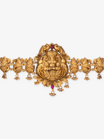 Close‑up of SIJA 925 silver Antique Gold Plated Necklace showing goddess Lakshmi pendant detailing and handcrafted temple jewellery design