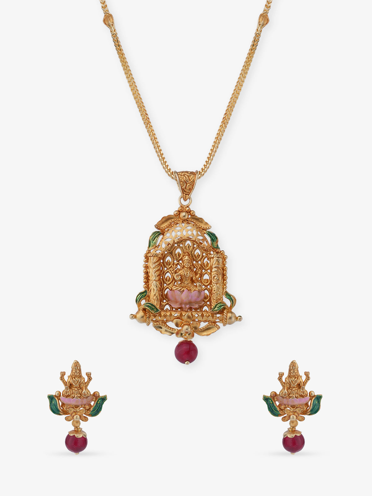 SIJA 925 Silver Antique Gold Plated Lakshmi Pendant Necklace with Earrings temple jewellery full front hero view festive accessory