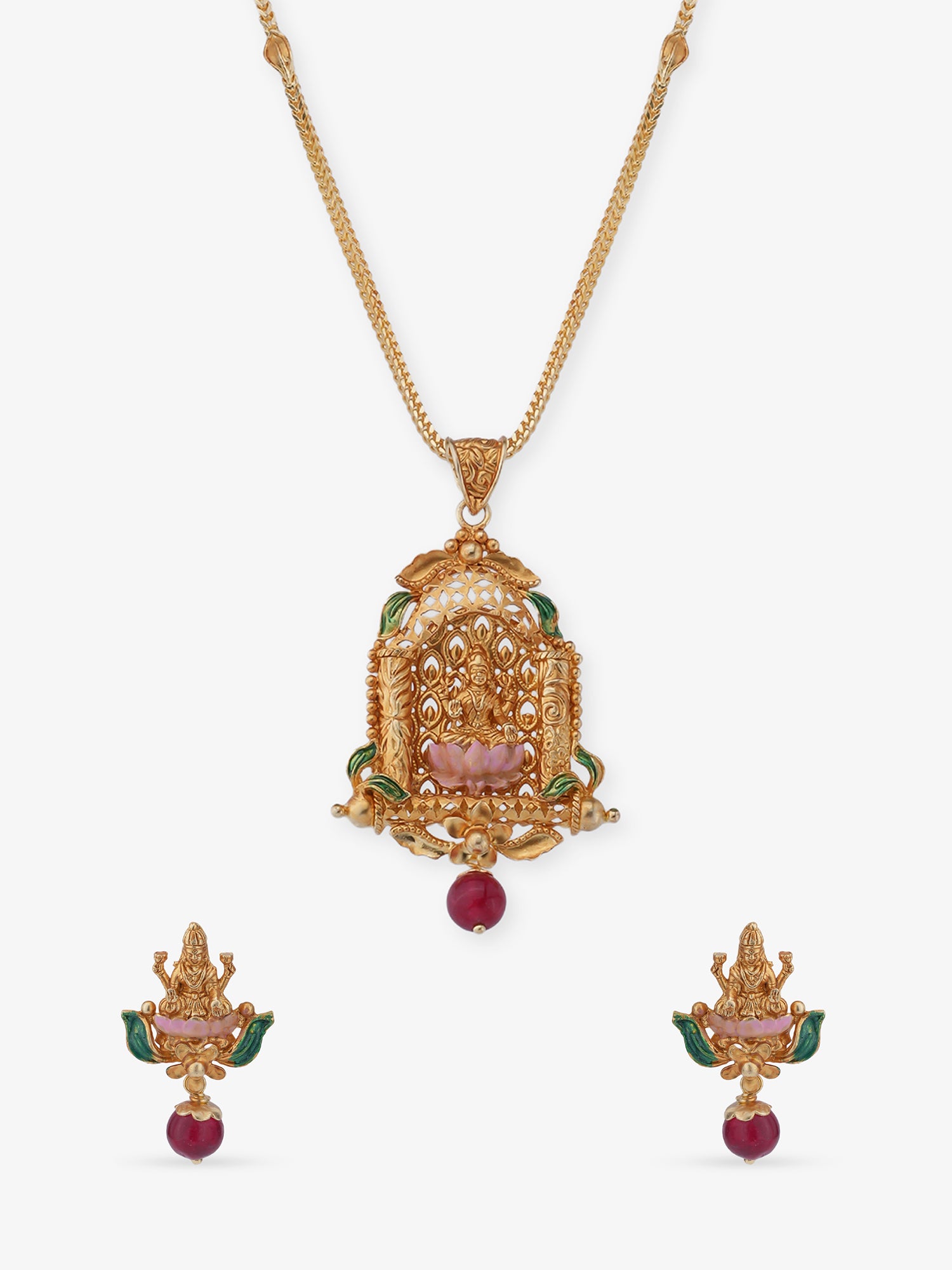 SIJA 925 Silver Antique Gold Plated Lakshmi Pendant Necklace with Earrings temple jewellery full front hero view festive accessory
