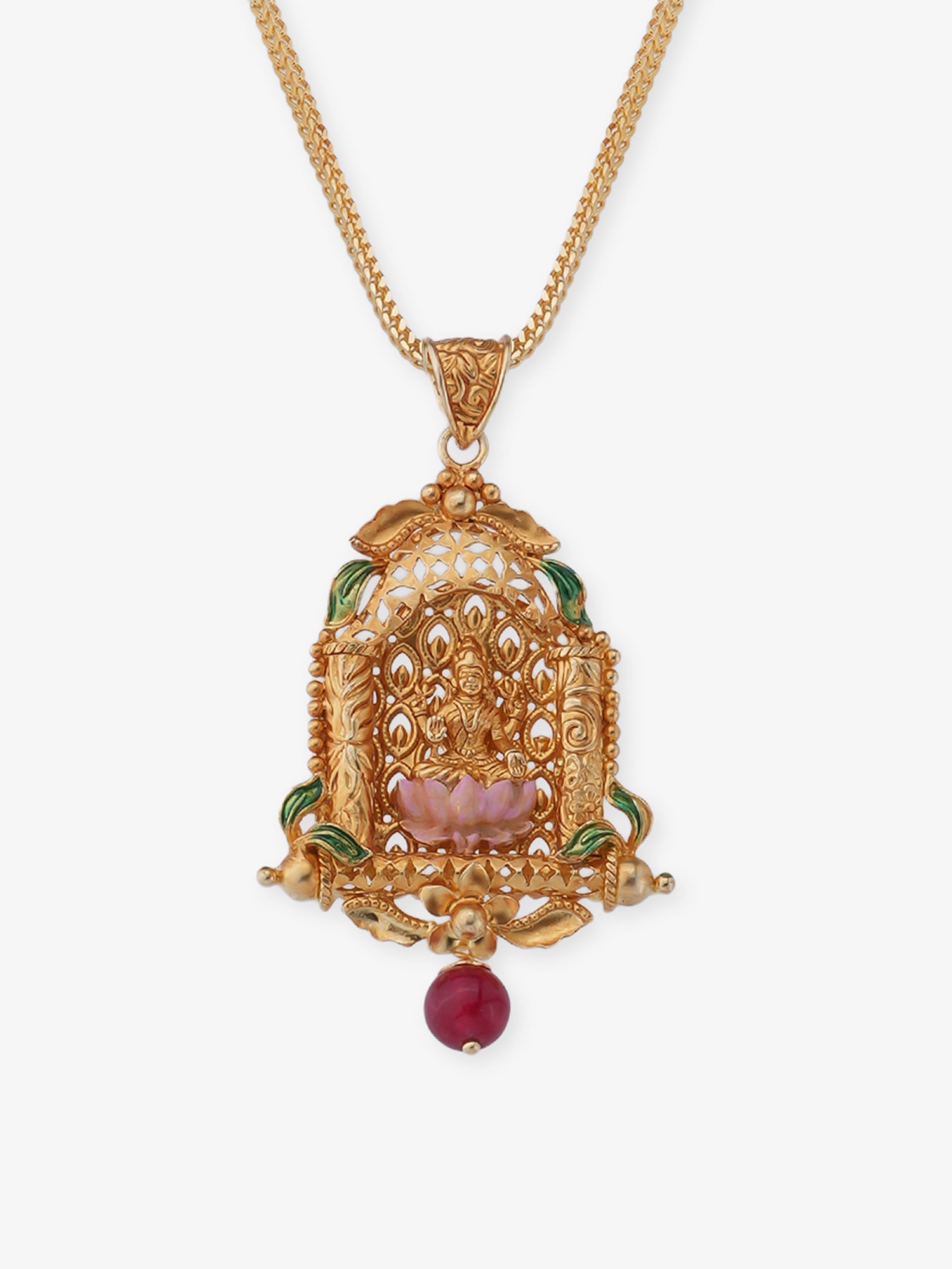 Close‑up of SIJA 925 silver Antique Gold Plated Necklace showing goddess Lakshmi pendant detailing and handcrafted temple jewellery design