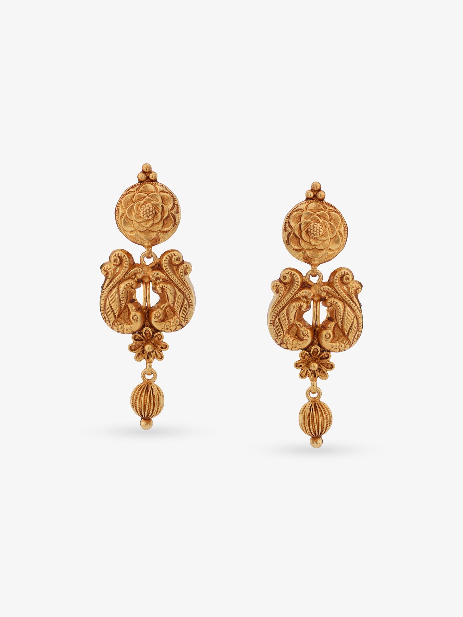 Detailed view of SIJA 925 silver Antique Peacock Blossom Earrings highlighting ornamental finish and polished gold plated craftsmanship