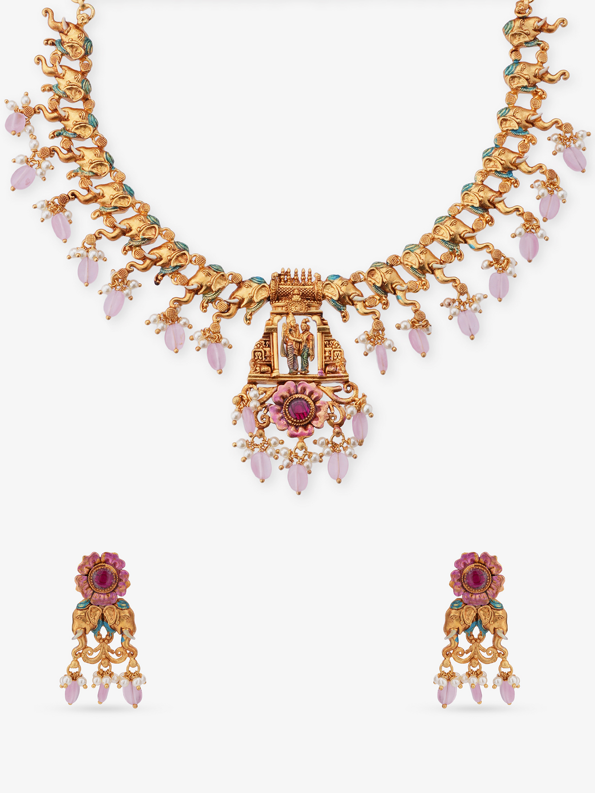 SIJA 925 Silver Antique Gold Plated Ramar Sita with Elephant Necklace and Earrings temple jewellery full front hero view festive accessory