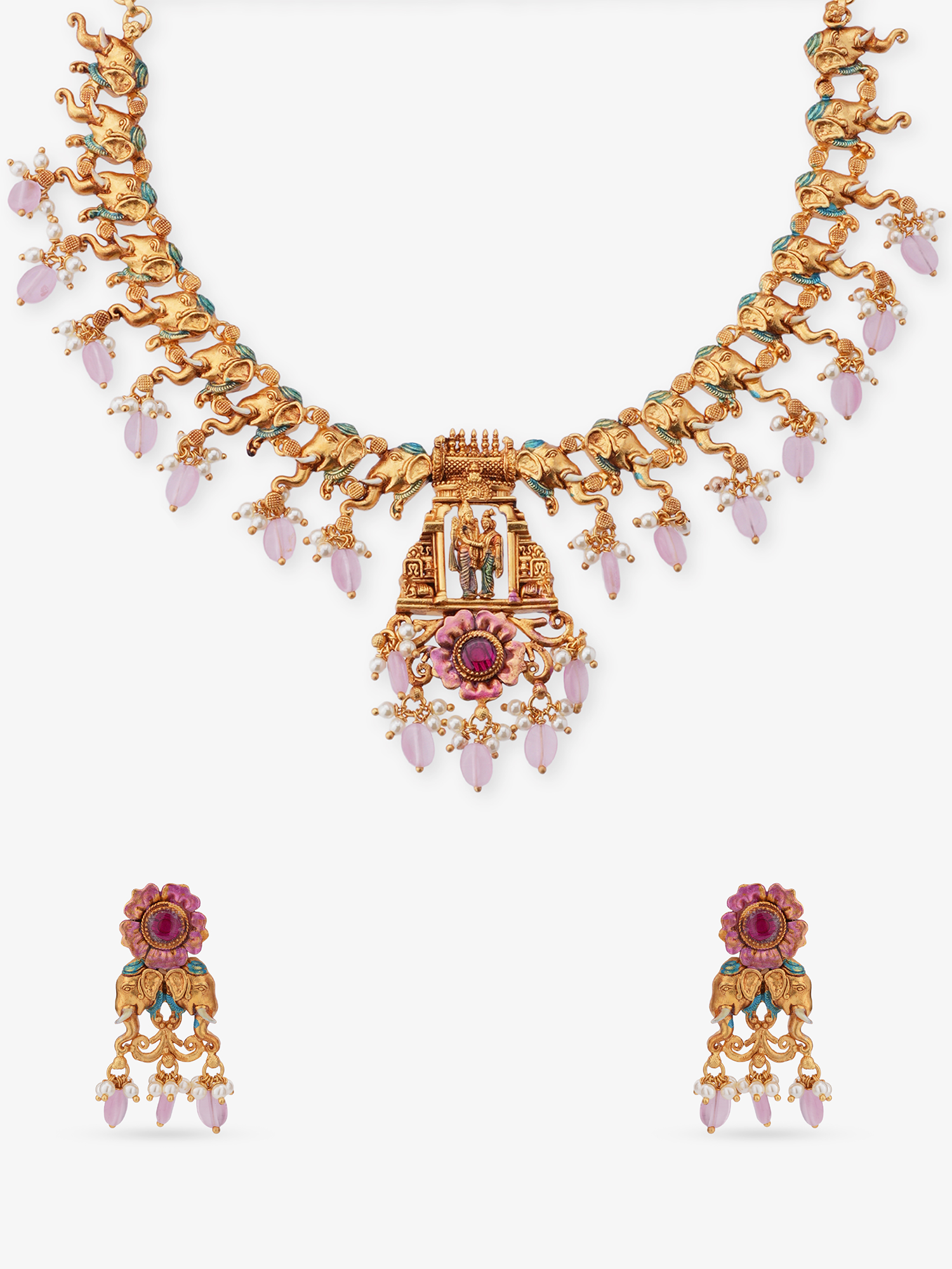 SIJA 925 Silver Antique Gold Plated Ramar Sita with Elephant Necklace and Earrings temple jewellery full front hero view festive accessory
