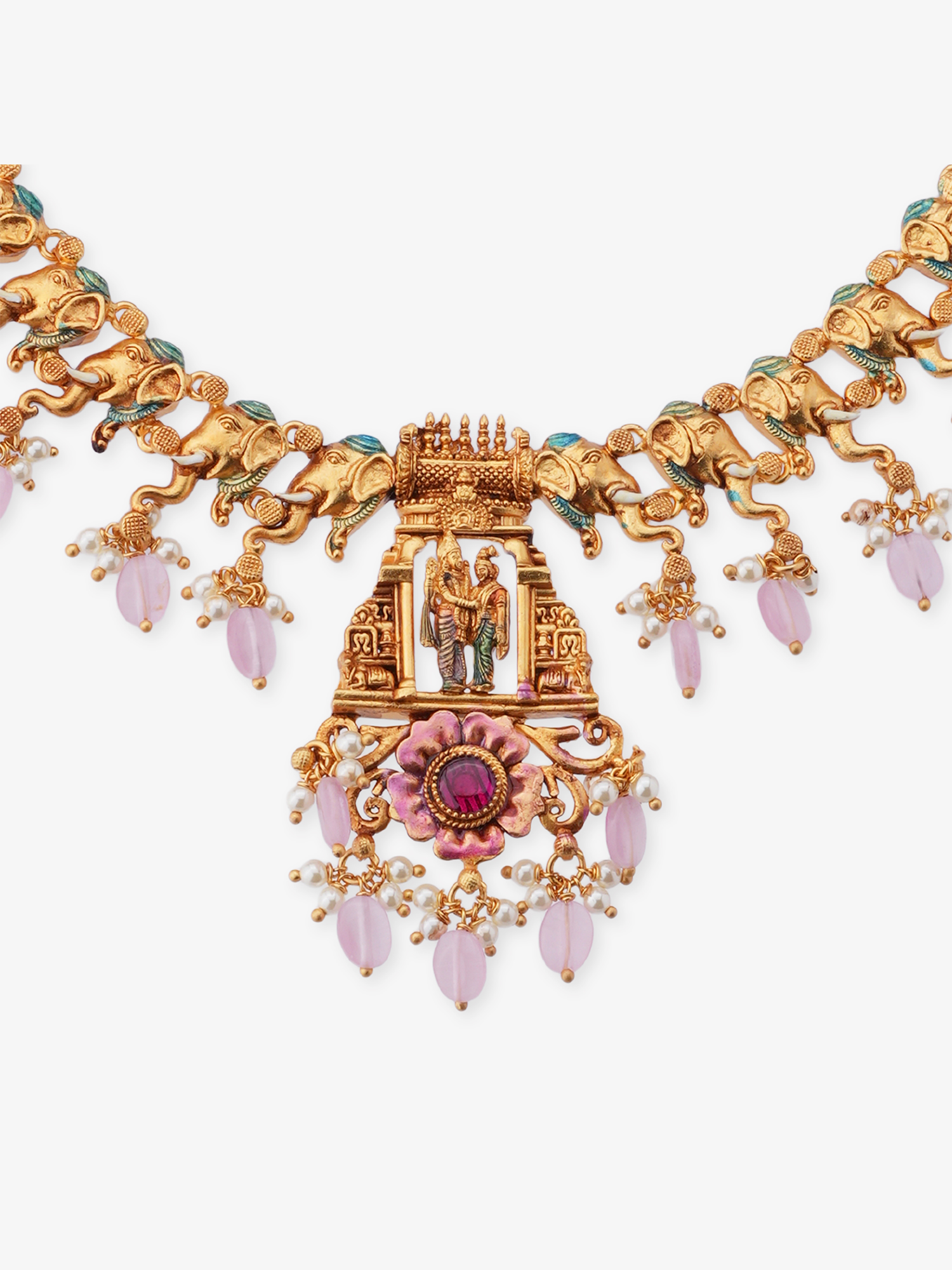 Close‑up of SIJA 925 silver Antique Gold Plated Necklace showing Ramar Sita pendant detailing and handcrafted temple jewellery design