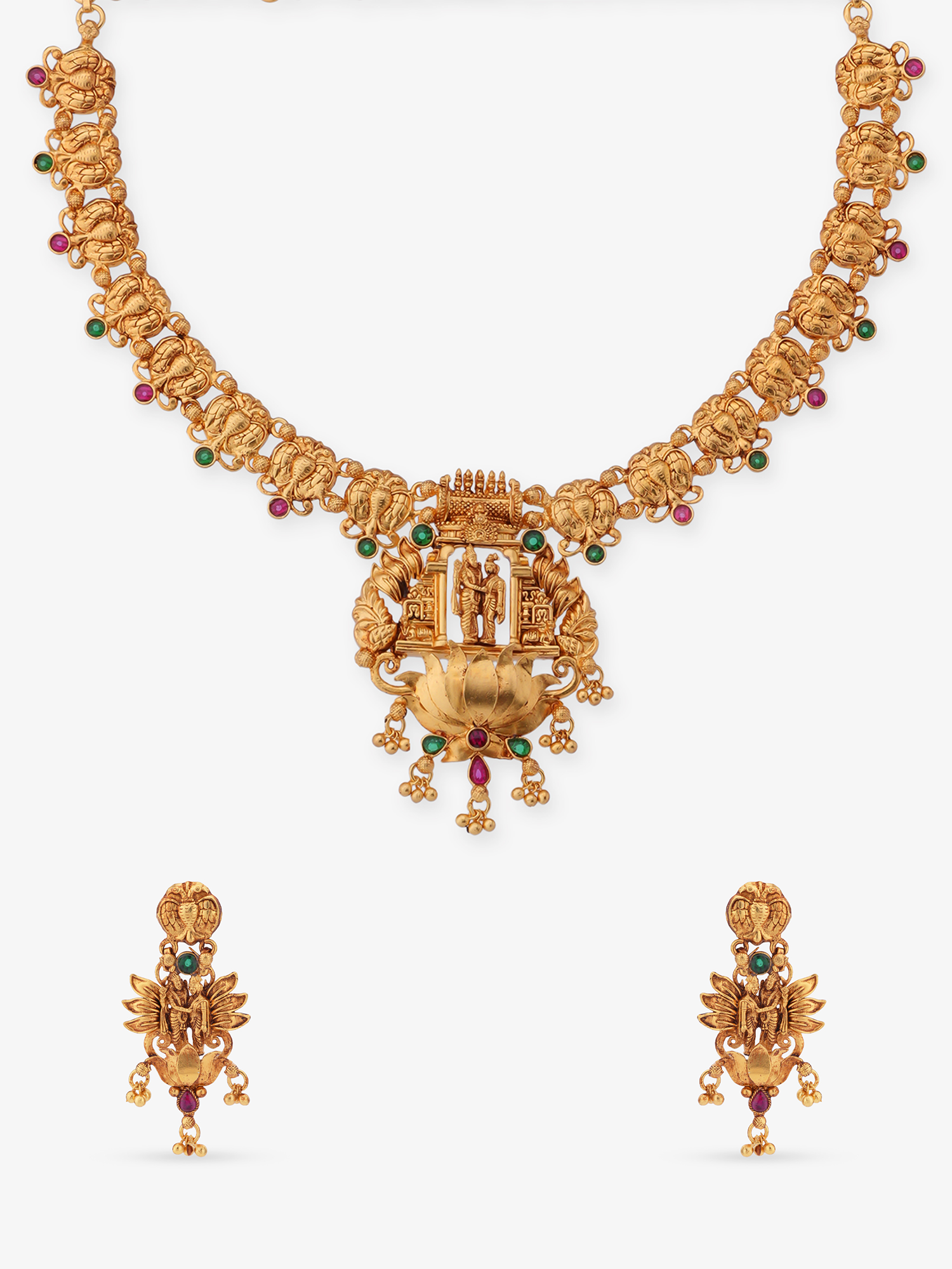SIJA 925 Silver Antique Gold Plated Ramar Sita with Garuda Necklace and Earrings temple jewellery full front hero view festive accessory