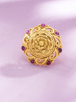 Detailed close up of SIJA Antique Rose Bloom Ring showing gold plated rose petals and premium sterling silver craftsmanship