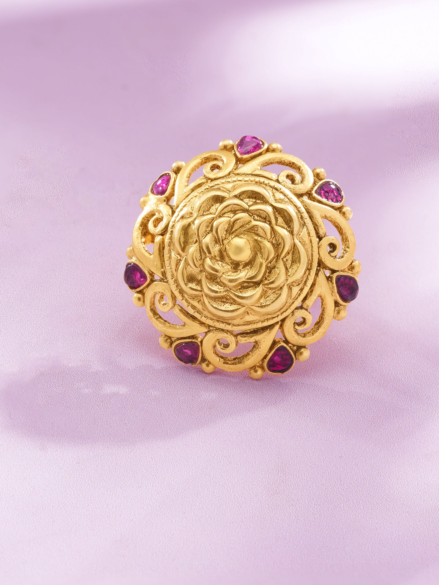 Detailed close up of SIJA Antique Rose Bloom Ring showing gold plated rose petals and premium sterling silver craftsmanship