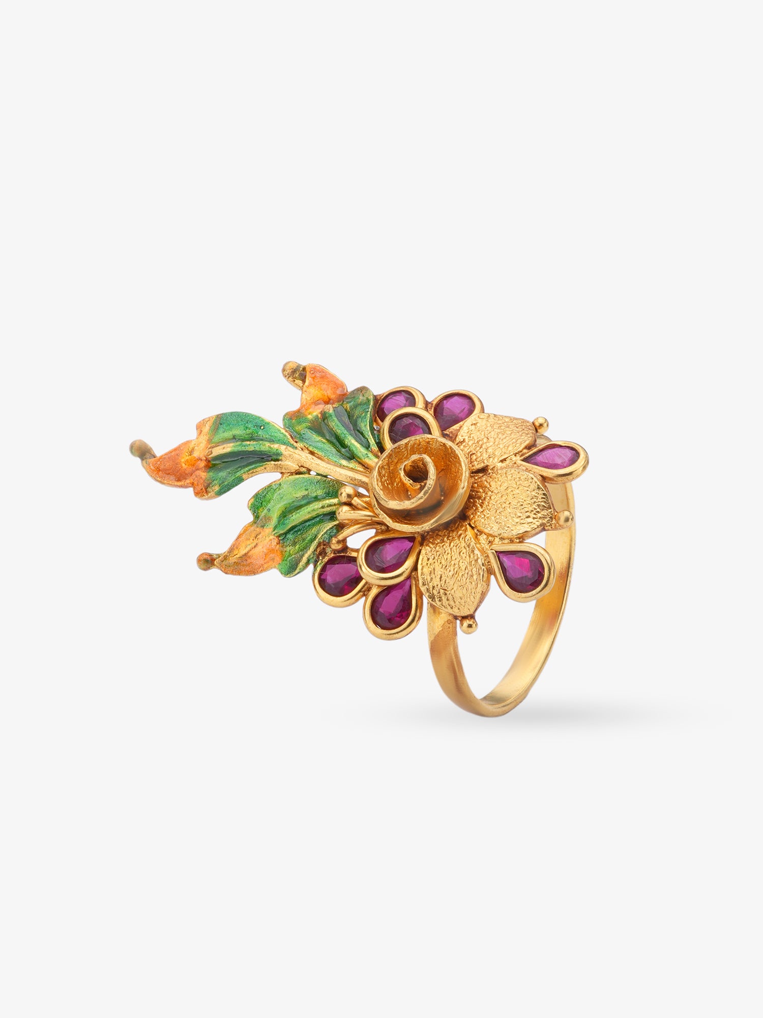 Side view of SIJA 925 Silver Antique Ruby Bloom Petals Ring highlighting handcrafted silver band and gold plated floral charm