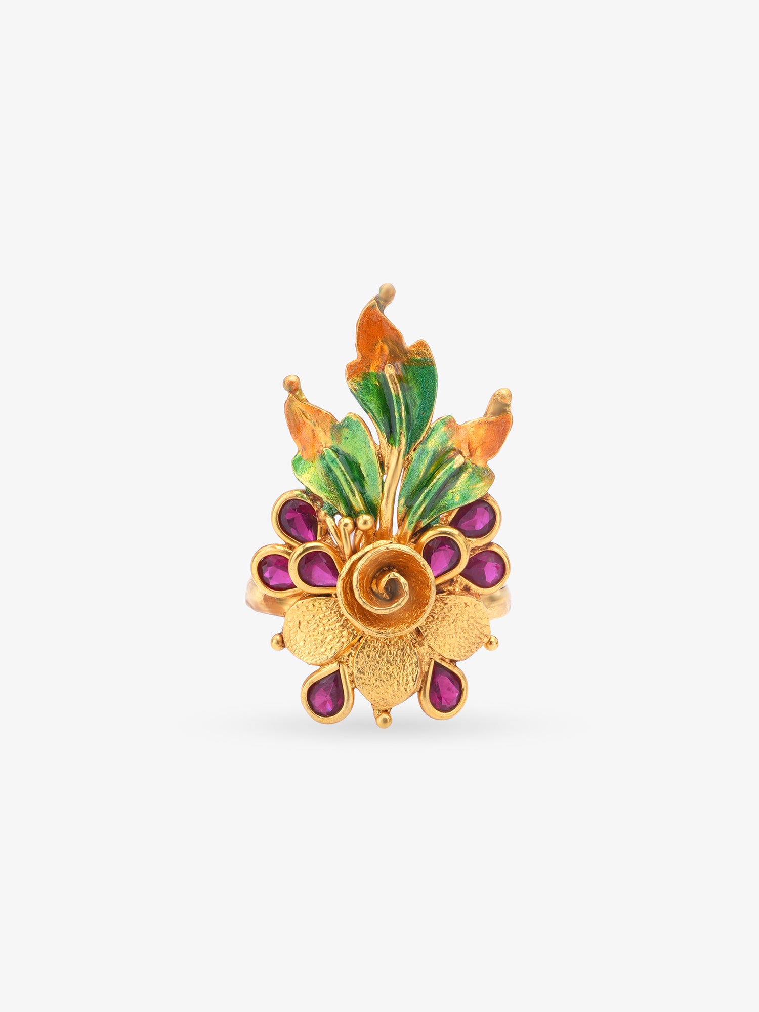 SIJA 925 Silver Antique Ruby Bloom Petals Ring gold plated womens ring elegant floral accessory front view