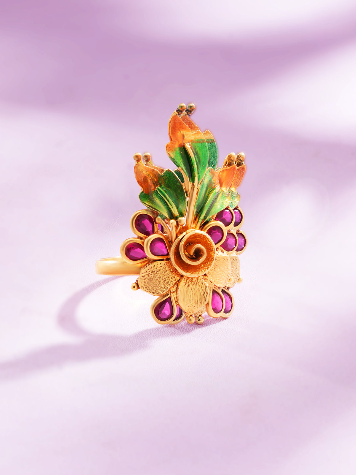Detailed close up of SIJA Antique Ruby Bloom Petals Ring showing ruby stone floral petals and premium sterling silver craftsmanship