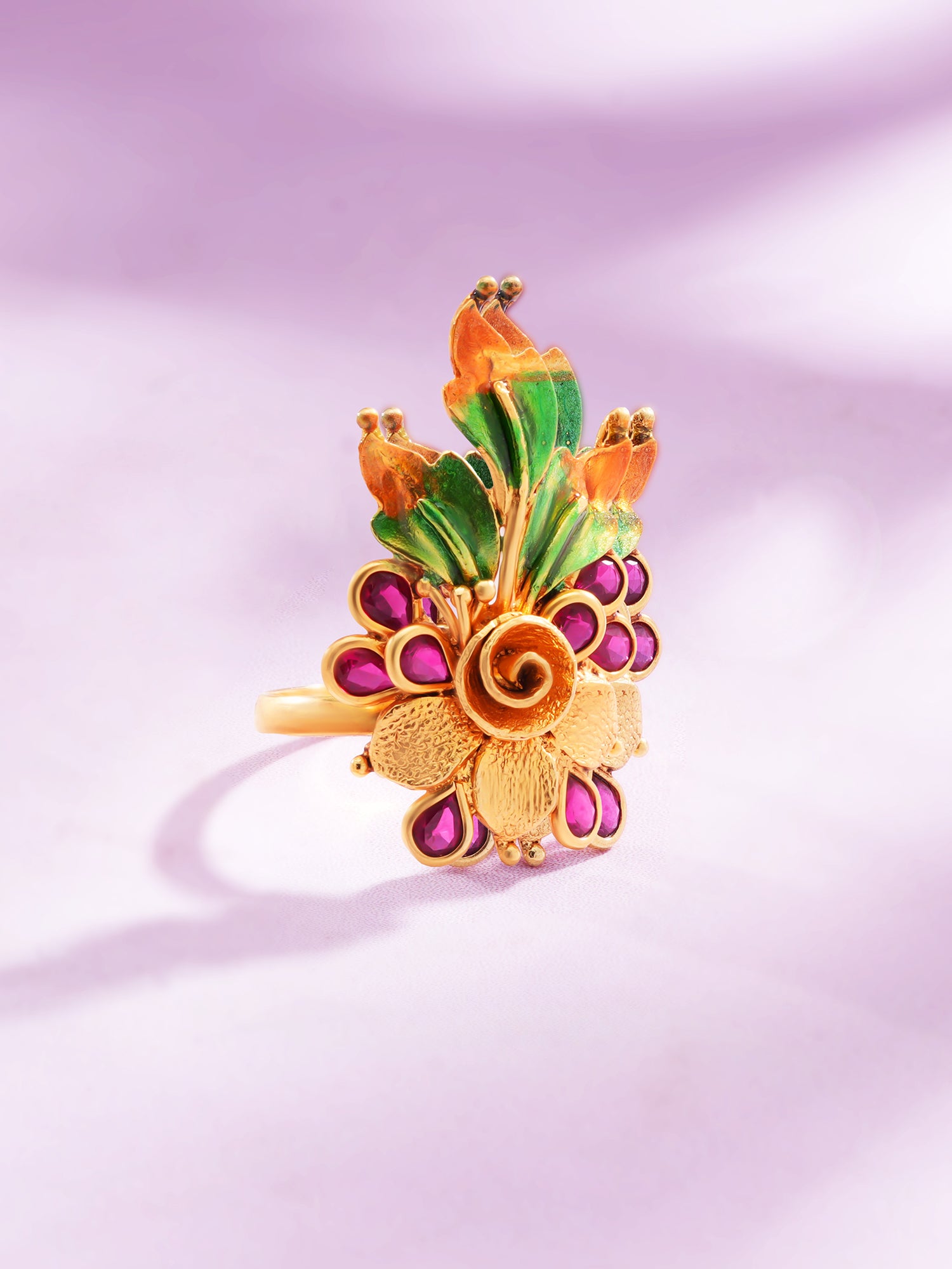 Detailed close up of SIJA Antique Ruby Bloom Petals Ring showing ruby stone floral petals and premium sterling silver craftsmanship
