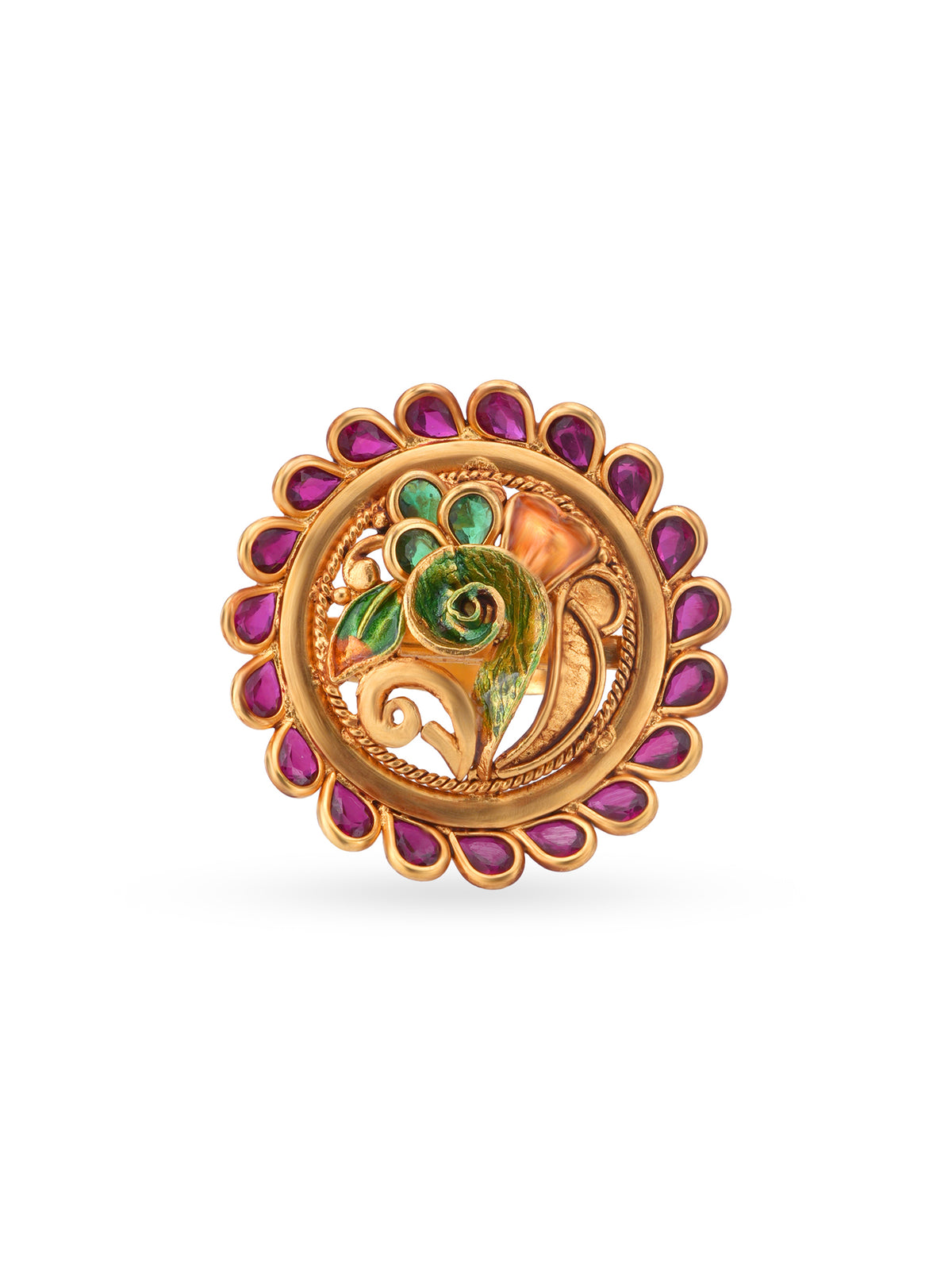 Detailed close up of SIJA Antique Ruby Peacock Ring showing ruby stone accents and gold plated peacock design