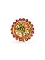Detailed close up of SIJA Antique Ruby Peacock Ring showing ruby stone accents and gold plated peacock design