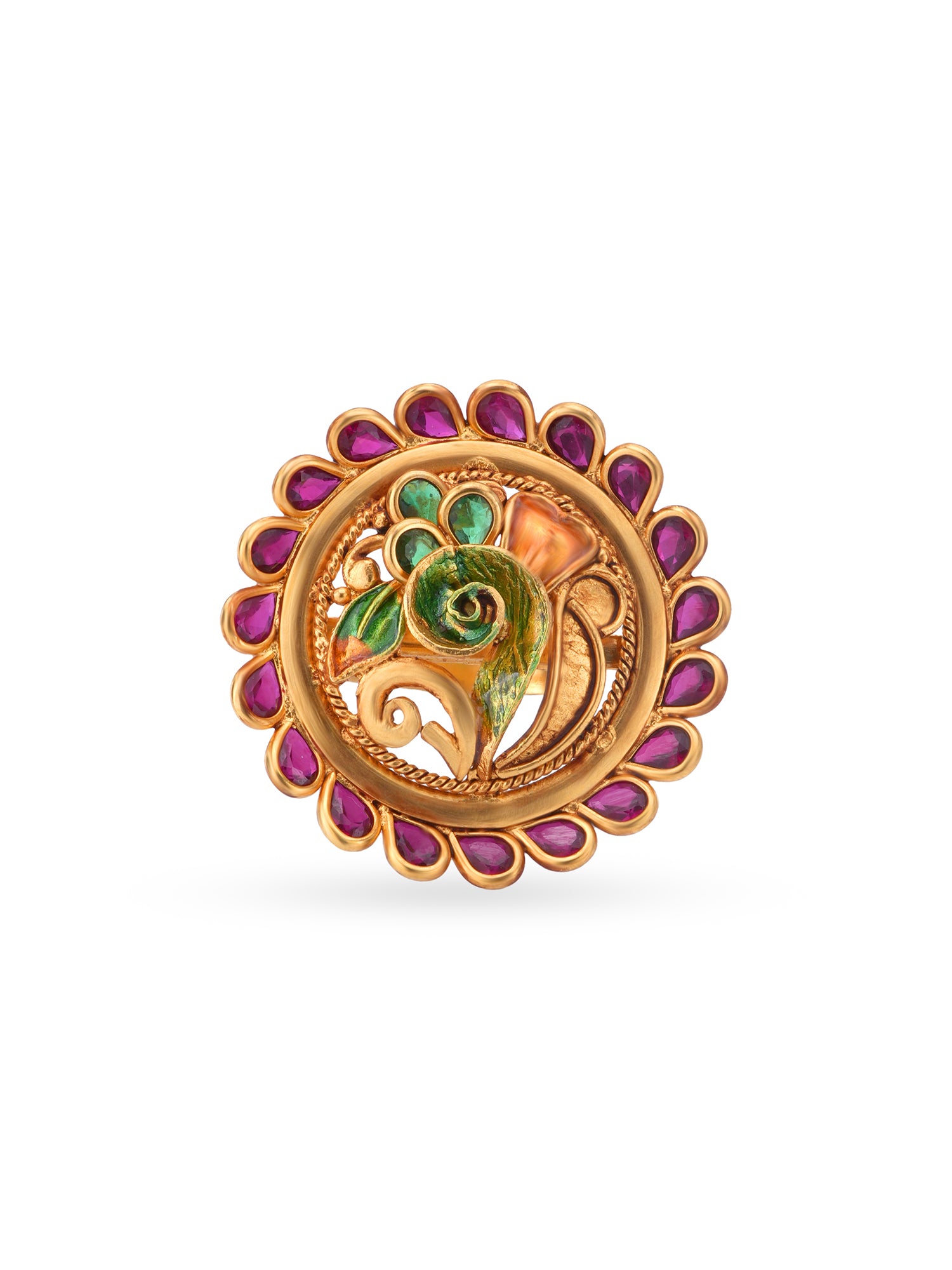 Detailed close up of SIJA Antique Ruby Peacock Ring showing ruby stone accents and gold plated peacock design