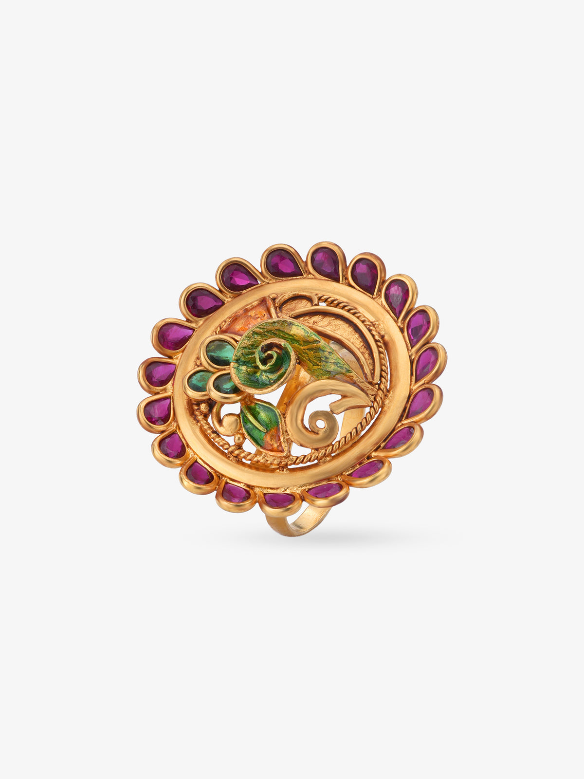 Side view of SIJA 925 Silver Antique Ruby Peacock Ring highlighting handcrafted silver band and gold plated detailing