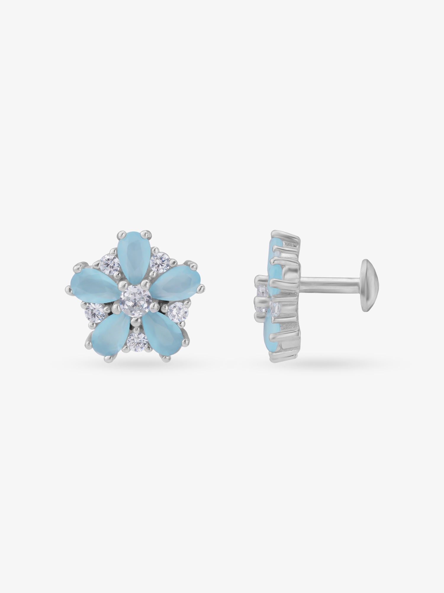 Side view of SIJA 925 Silver Blossom Stud highlighting sleek silver setting and blossom charm