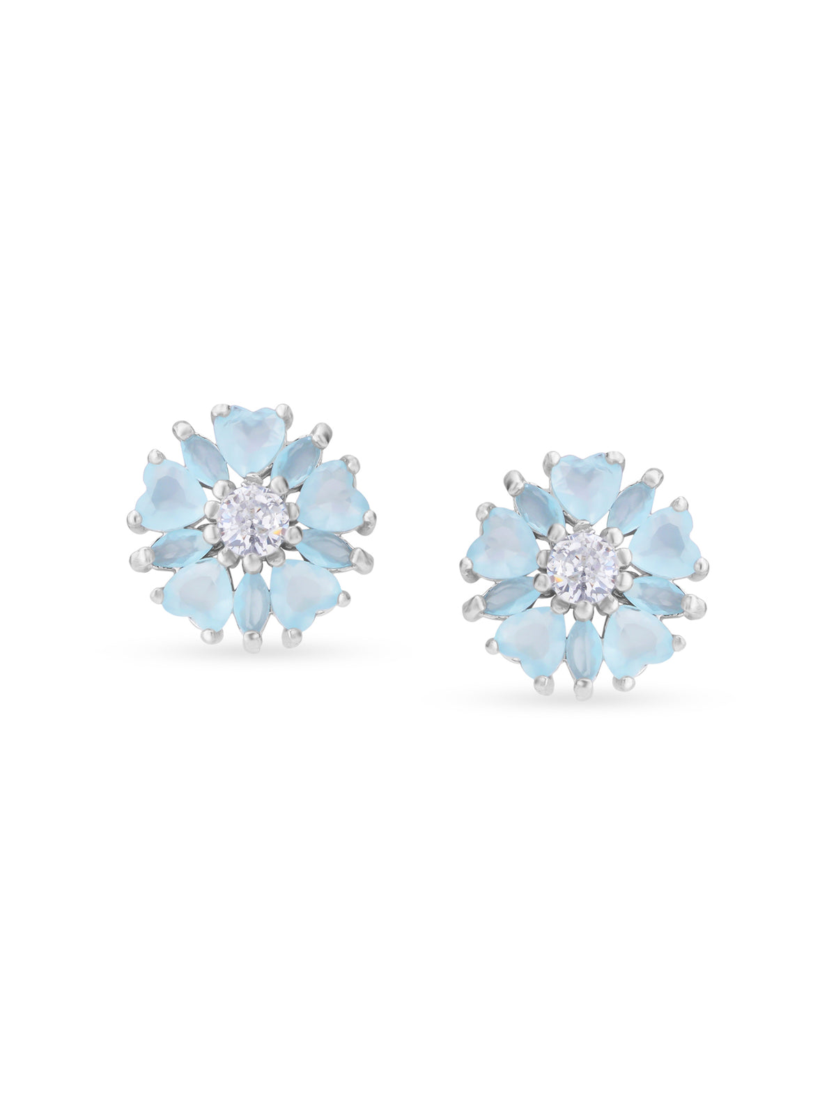 Detailed close up of SIJA Aqua Heart Blossom Stud showing sparkling aqua heart stone and delicate blossom motif craftsmanship