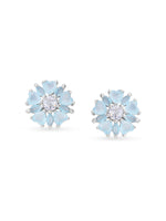 Detailed close up of SIJA Aqua Heart Blossom Stud showing sparkling aqua heart stone and delicate blossom motif craftsmanship