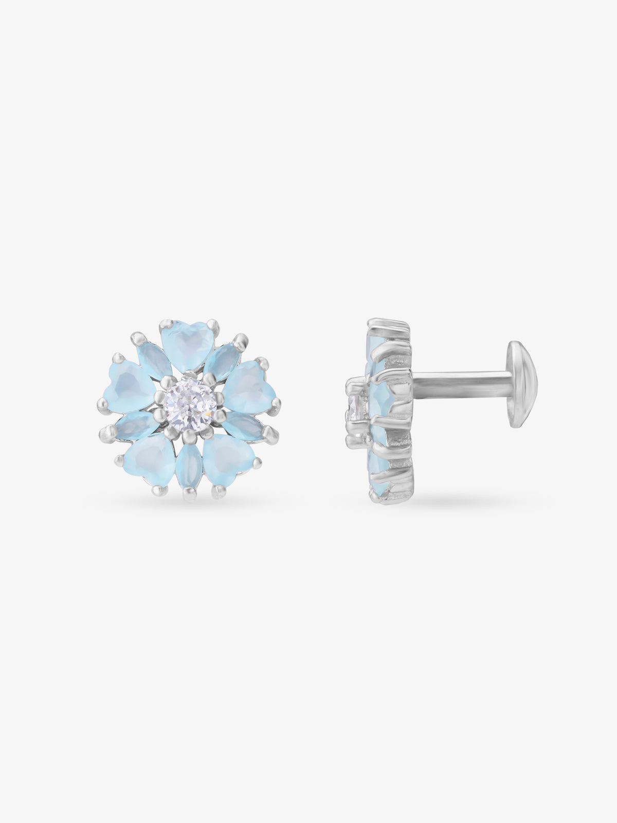 Side view of SIJA 925 Silver Aqua Heart Blossom Stud highlighting sleek silver setting with aqua heart blossom charm