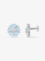 Side view of SIJA 925 Silver Aqua Heart Blossom Stud highlighting sleek silver setting with aqua heart blossom charm