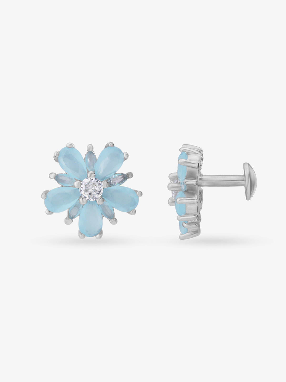 Side view of SIJA 925 Silver Leaf Blossom Stud highlighting sleek silver setting and blossom charm
