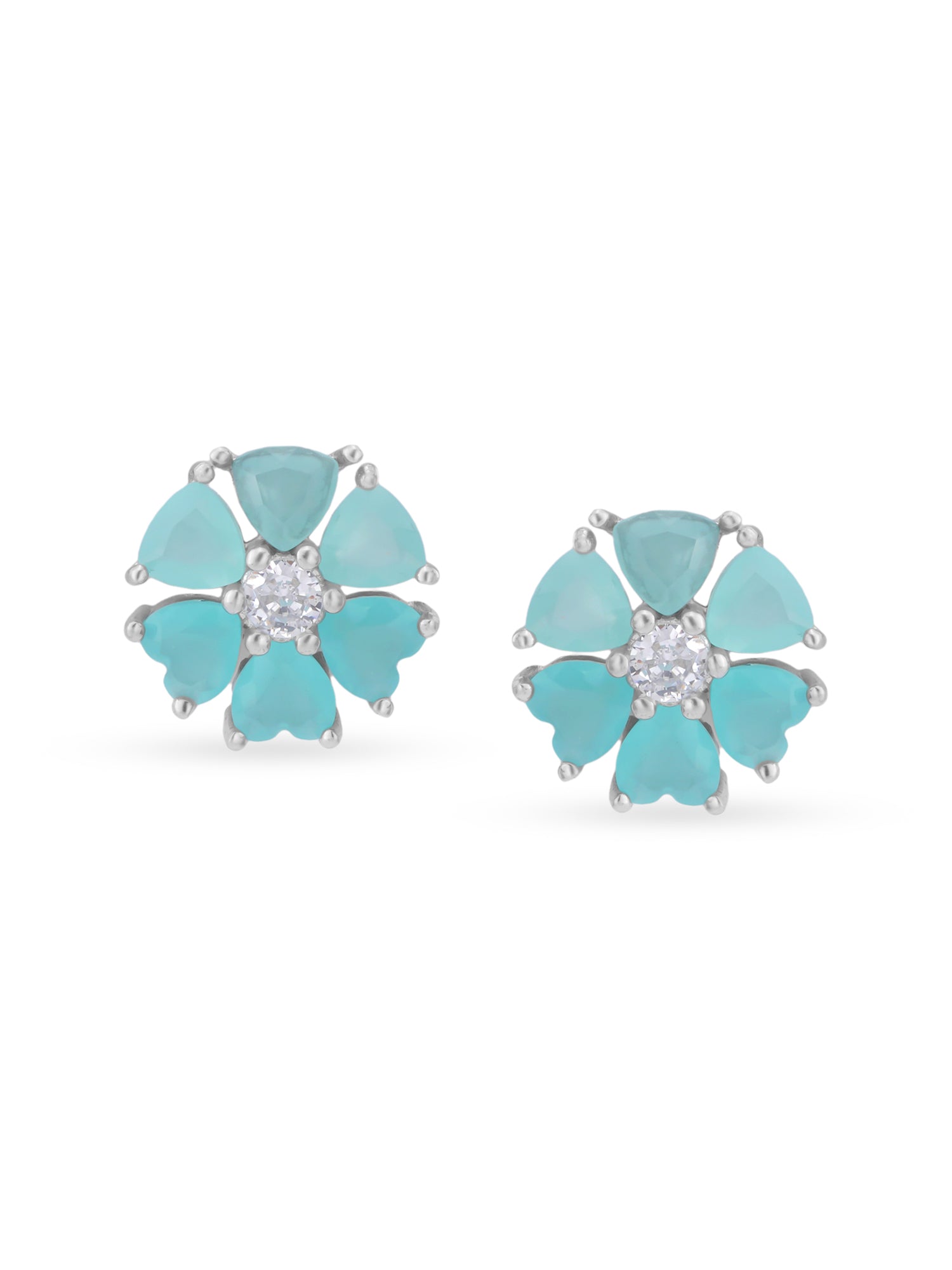 Detailed close up of SIJA Aqua Mint Heart Bloom Stud showing sparkling aqua mint heart stone and delicate bloom motif craftsmanship
