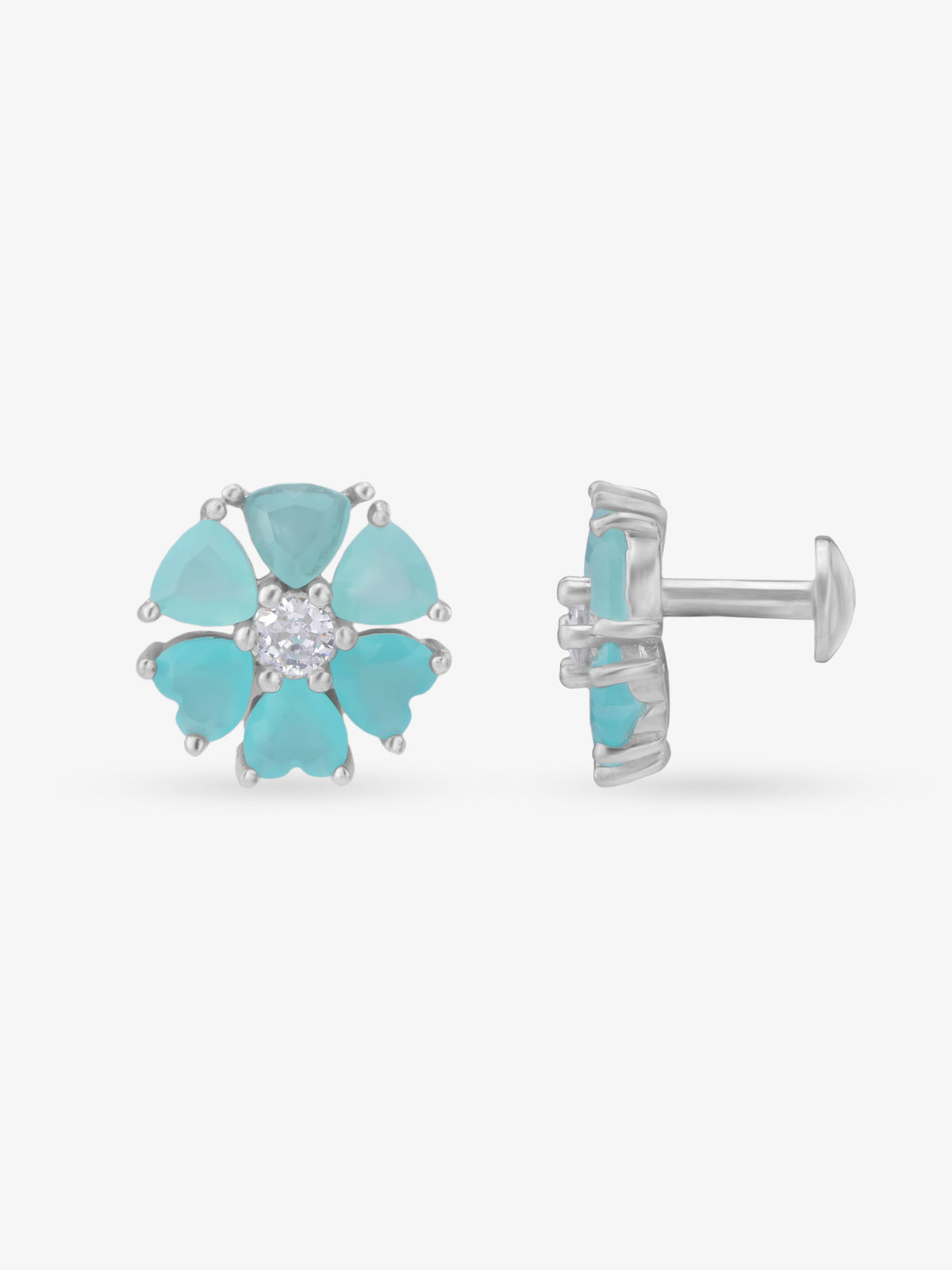 Side view of SIJA 925 Silver Aqua Mint Heart Bloom Stud highlighting sleek silver setting with aqua mint heart bloom charm