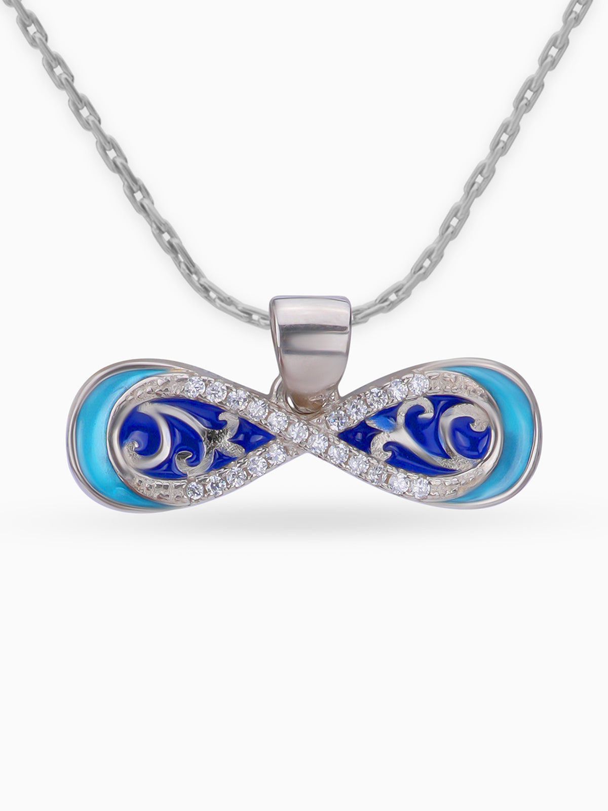 Close up SIJA 925 silver jewellery artistic infinity pendant handcrafted premium design versatile accessory for everyday wear and special occasions