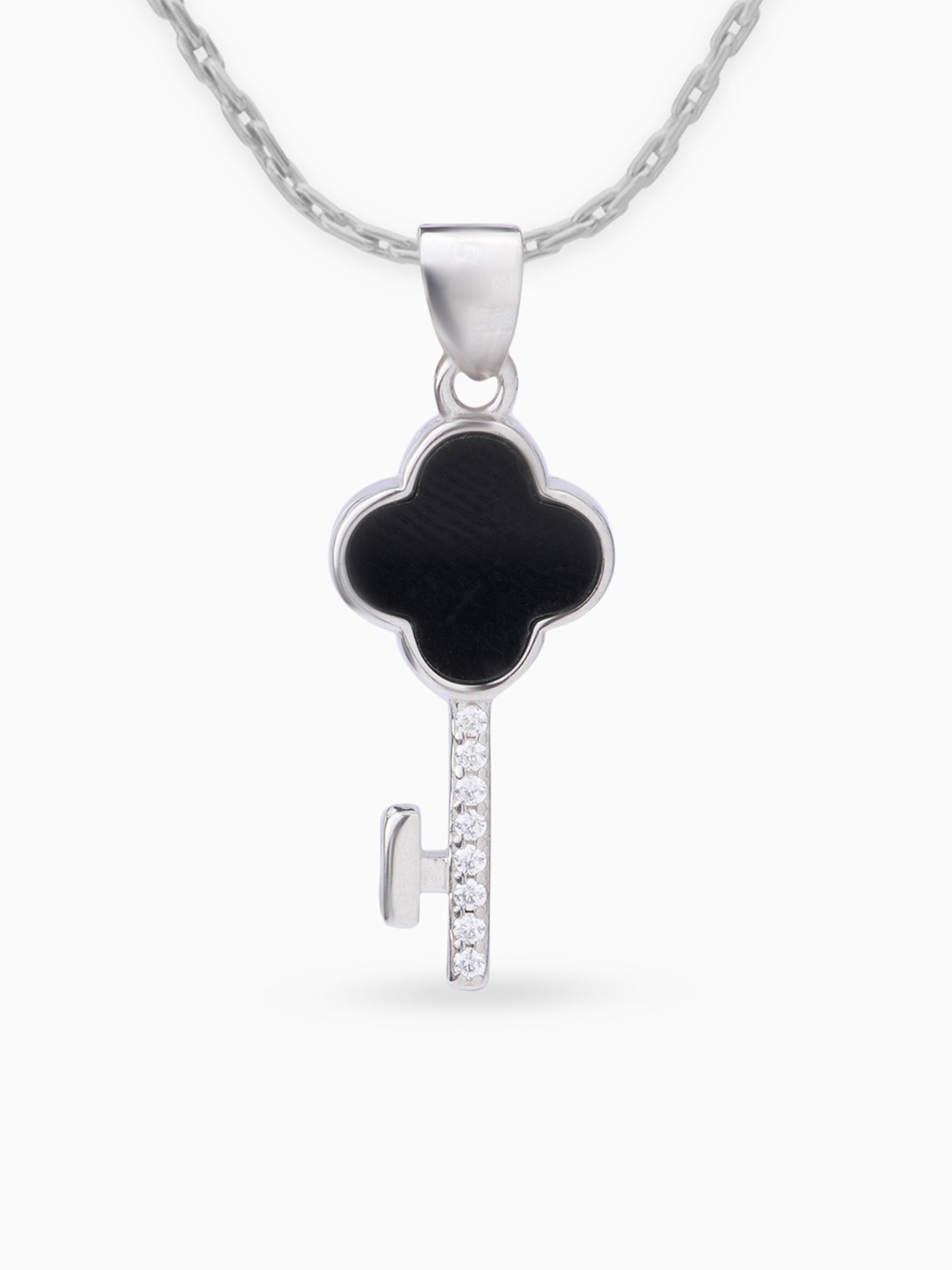 Close up SIJA 925 silver jewellery black pink glimmer key pendant handcrafted premium design versatile accessory for everyday wear and special occasions