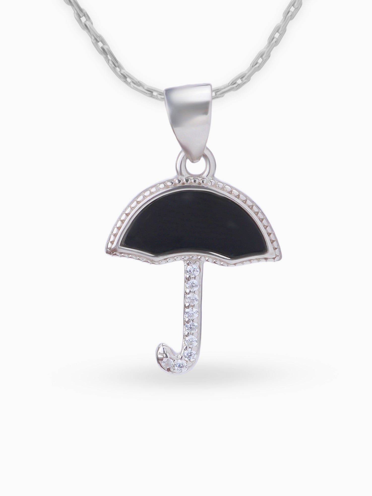 Close up SIJA 925 silver jewellery black pink little umbrella pendant handcrafted premium design versatile accessory for everyday wear and special occasions