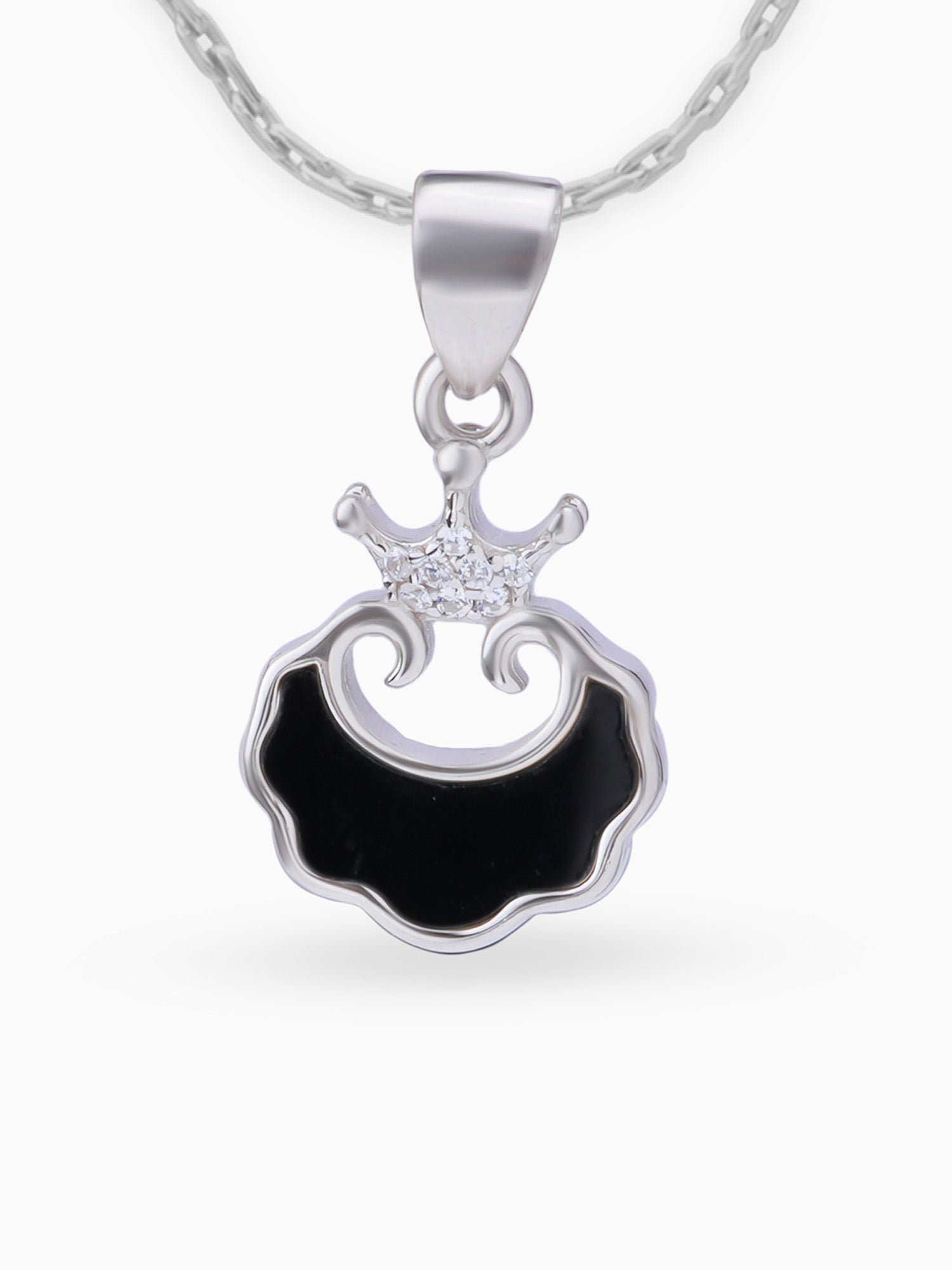 Detailed close up SIJA 925 silver jewellery black pink lunar crown pendant BIS hallmarked premium handcrafted accessory perfect for festive occasions and anniversaries