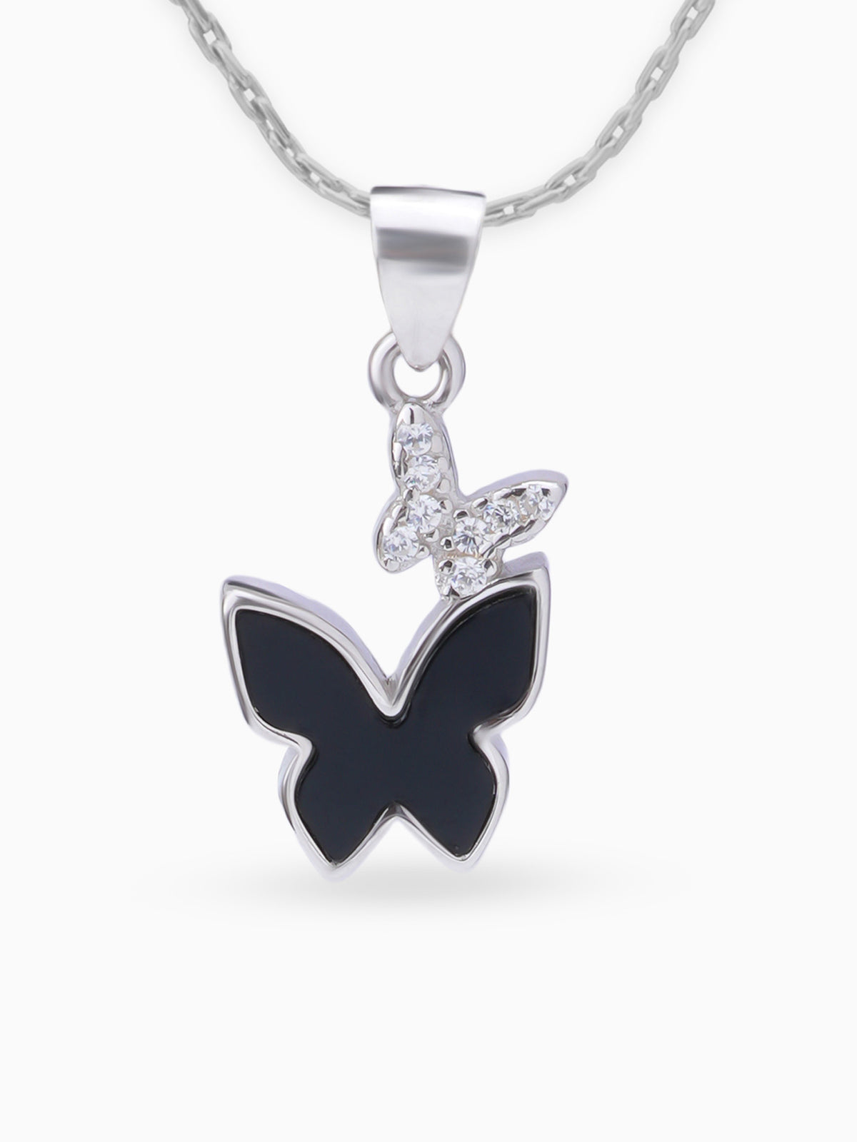 Close up SIJA 925 silver jewellery black pink twin butterfly pendant handcrafted premium design versatile accessory for everyday wear and special occasions