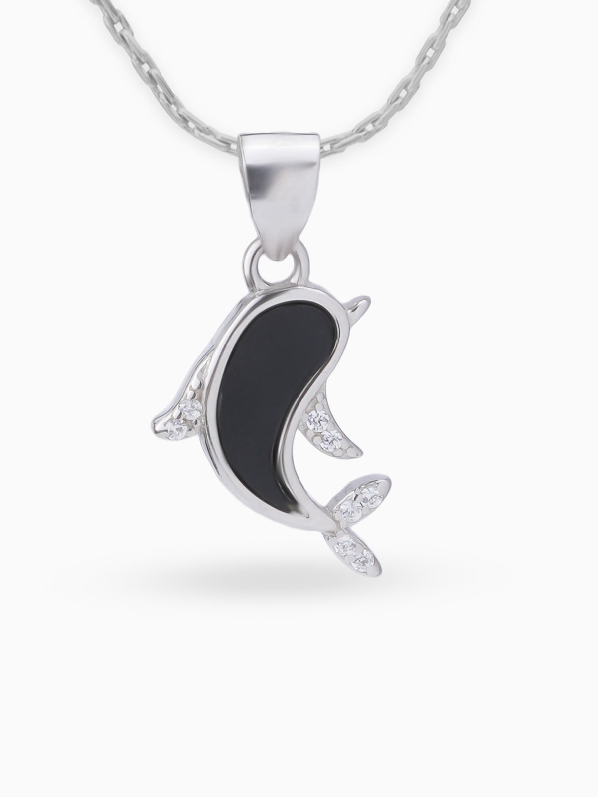 Close up SIJA 925 silver jewellery black white dolphin grace pendant handcrafted premium design versatile accessory for everyday wear and special occasions