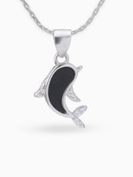 Close up SIJA 925 silver jewellery black white dolphin grace pendant handcrafted premium design versatile accessory for everyday wear and special occasions