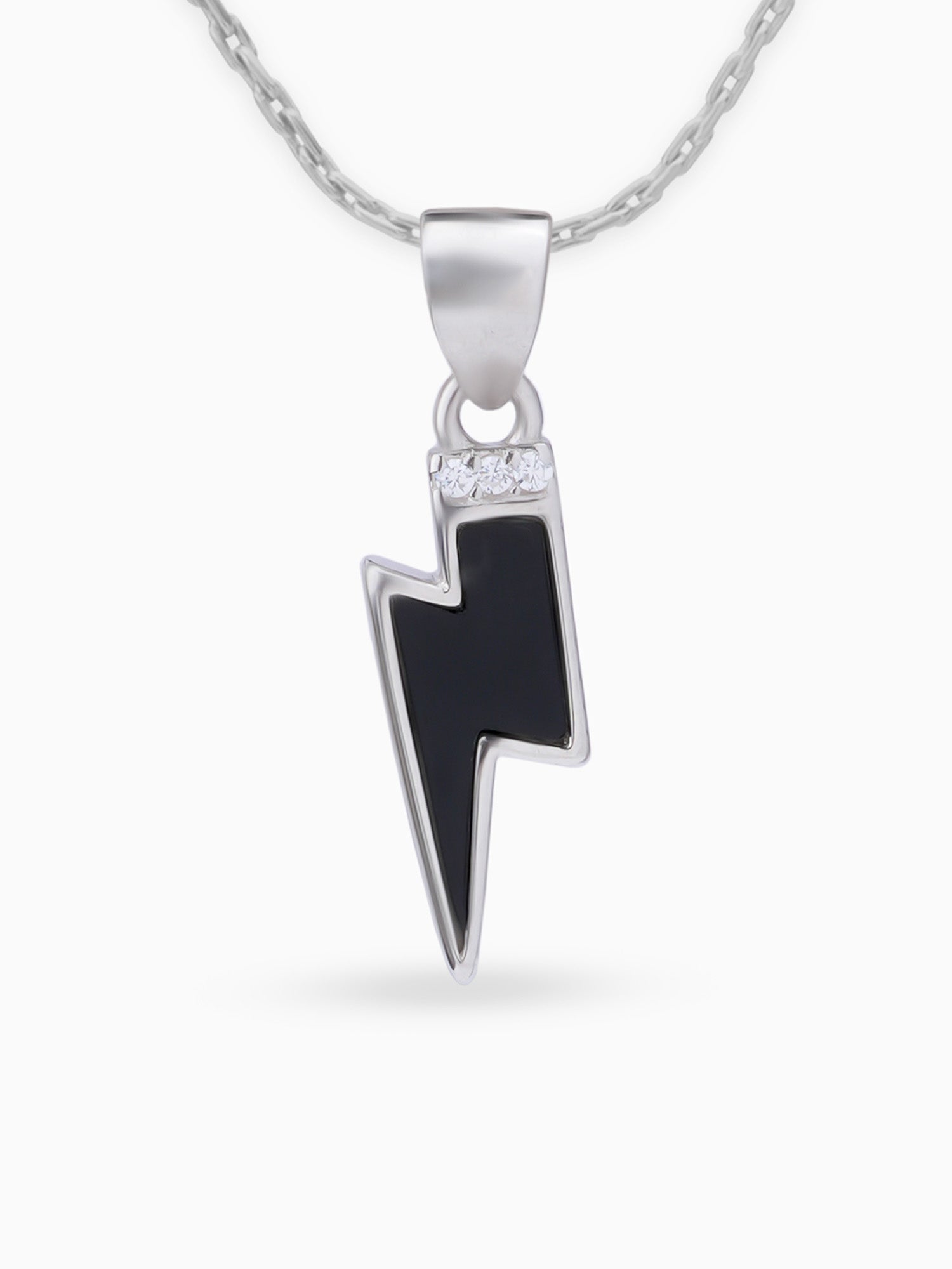 Close up SIJA 925 silver jewellery black white lightning bolt pendant handcrafted premium design versatile accessory for everyday wear and special occasions