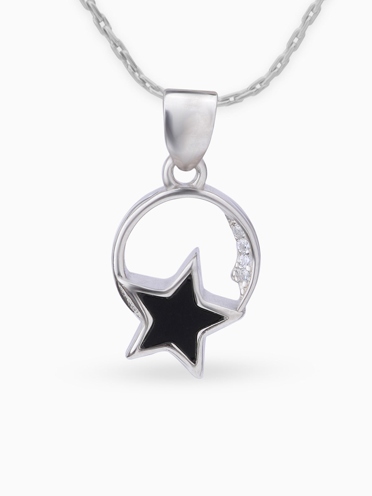 Close up SIJA 925 silver jewellery black white lunar star pendant handcrafted premium design versatile accessory for everyday wear and special occasions