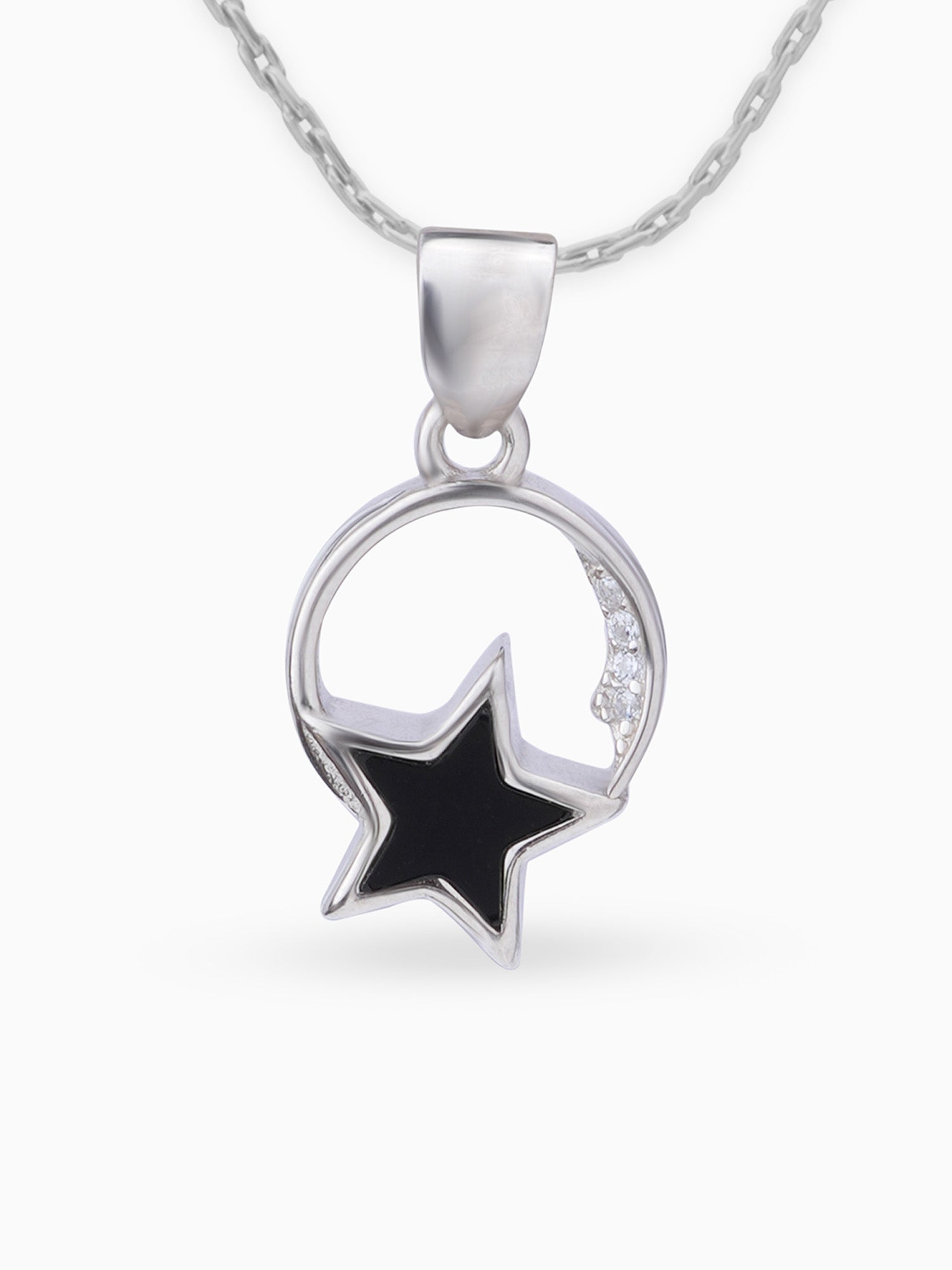 Close up SIJA 925 silver jewellery black white lunar star pendant handcrafted premium design versatile accessory for everyday wear and special occasions