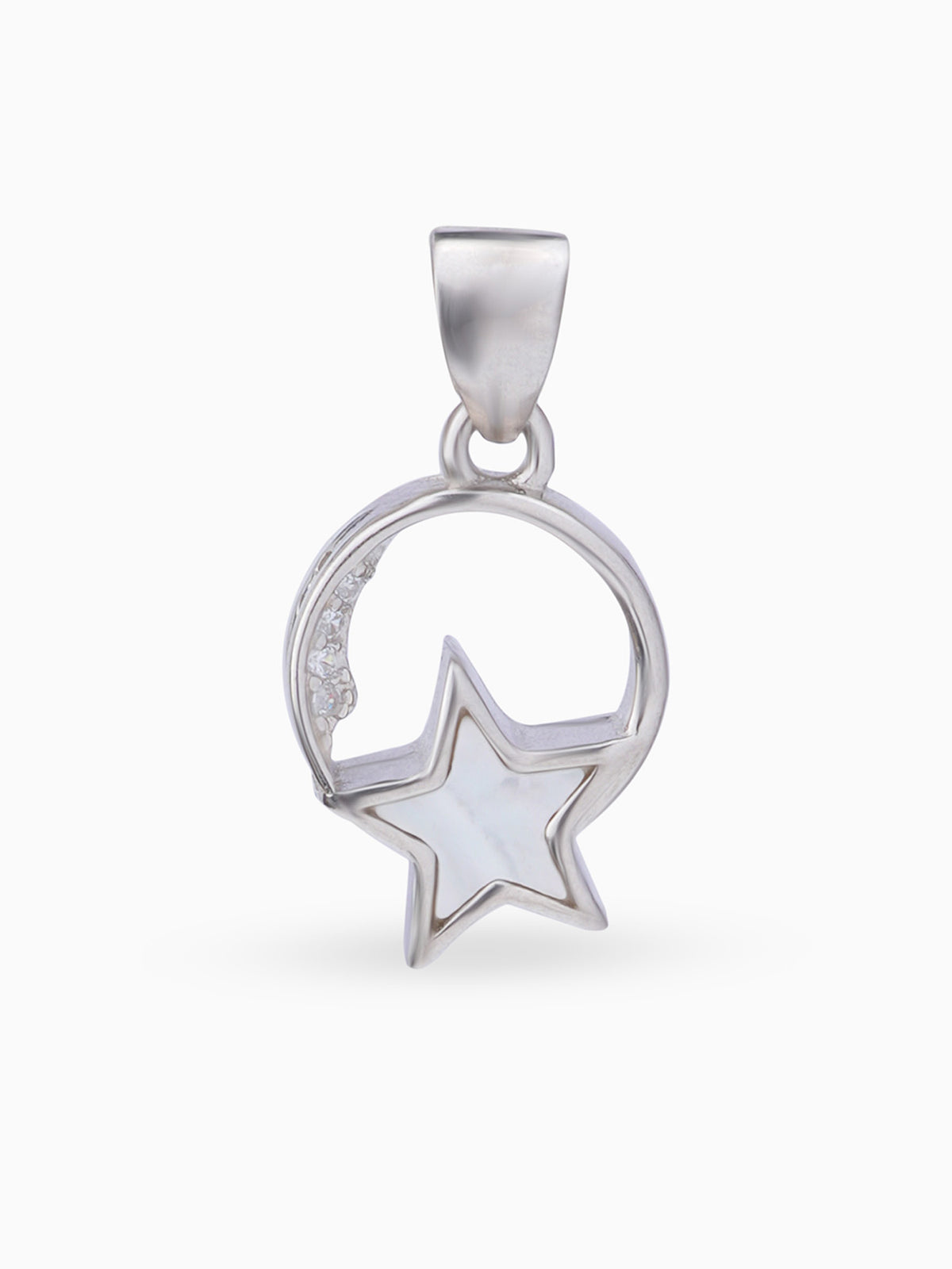 Hero shot SIJA 925 silver jewellery black white lunar star pendant BIS hallmarked elegant timeless accessory perfect for weddings festive wear and gifting