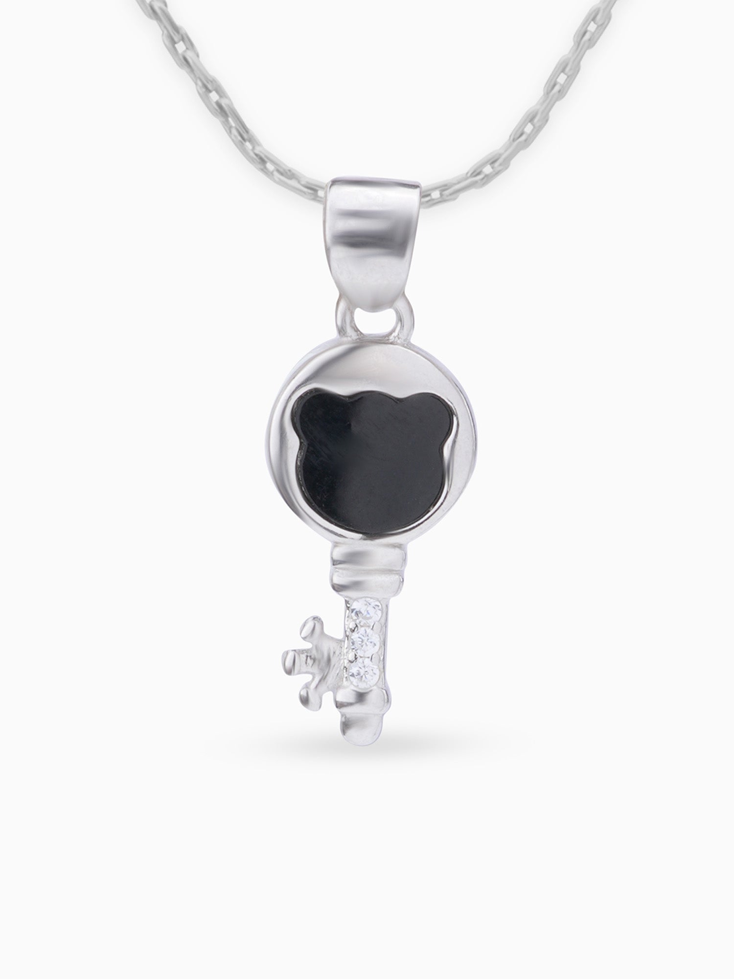 Close up SIJA 925 silver jewellery black white memory key pendant handcrafted premium design versatile accessory for everyday wear and special occasions