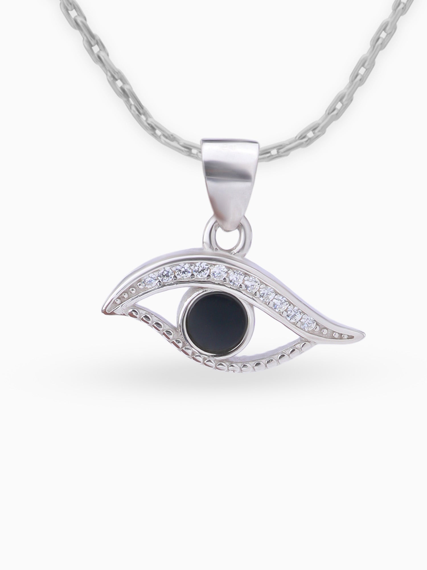 Close up SIJA 925 silver jewellery black white mystic eye pendant handcrafted premium design versatile accessory for everyday wear and special occasions