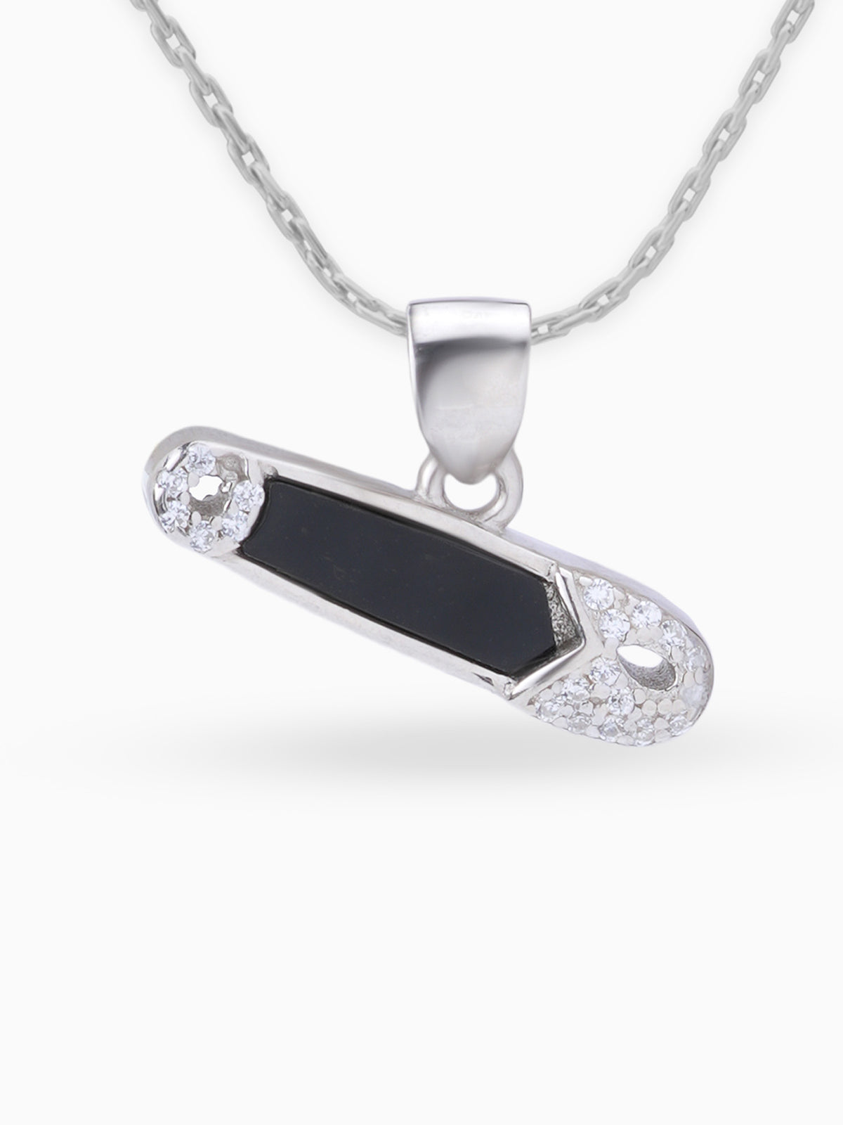 Close up SIJA 925 silver jewellery black white safety pin pendant handcrafted premium design versatile accessory for everyday wear and special occasions