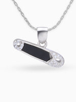 Close up SIJA 925 silver jewellery black white safety pin pendant handcrafted premium design versatile accessory for everyday wear and special occasions