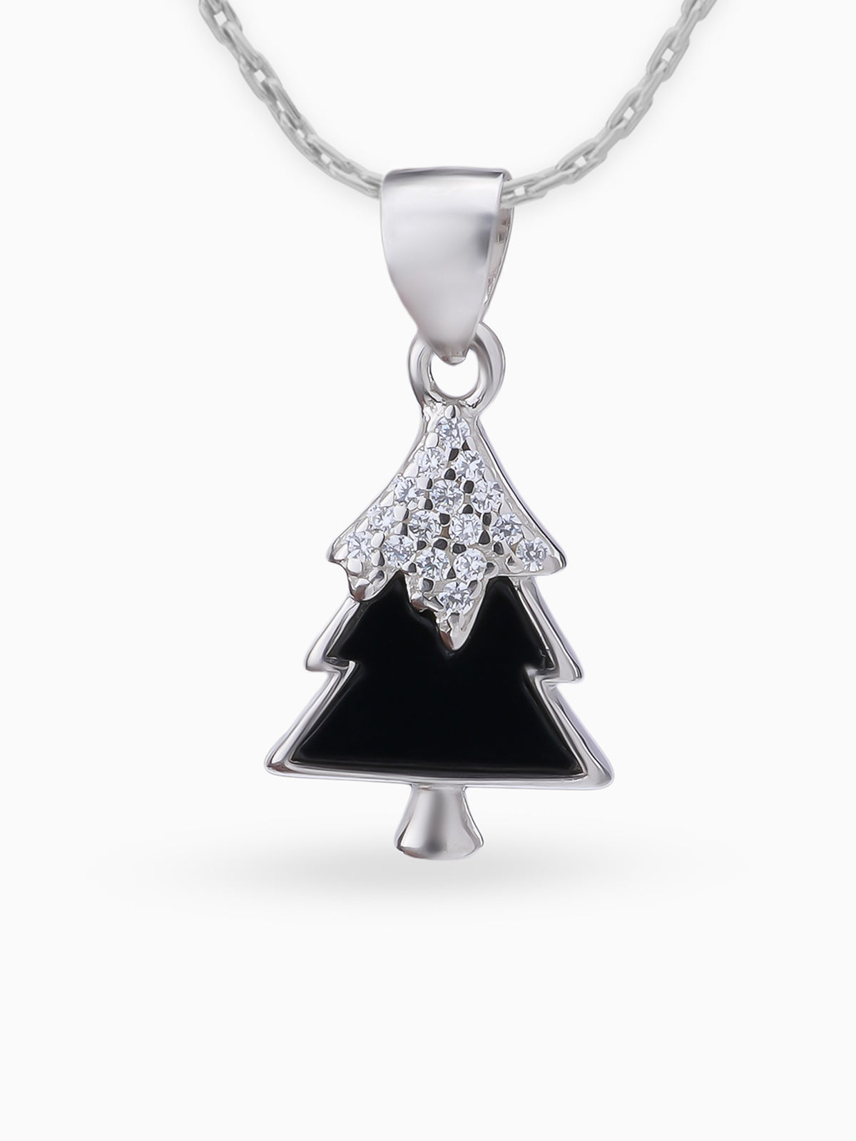 Close up SIJA 925 silver jewellery black white sparkle tree pendant handcrafted premium design versatile accessory for everyday wear and special occasions