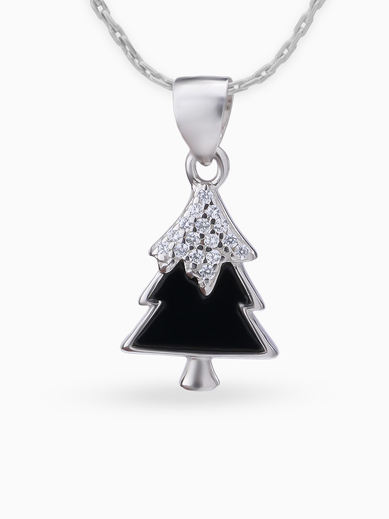 Close up SIJA 925 silver jewellery black white sparkle tree pendant handcrafted premium design versatile accessory for everyday wear and special occasions