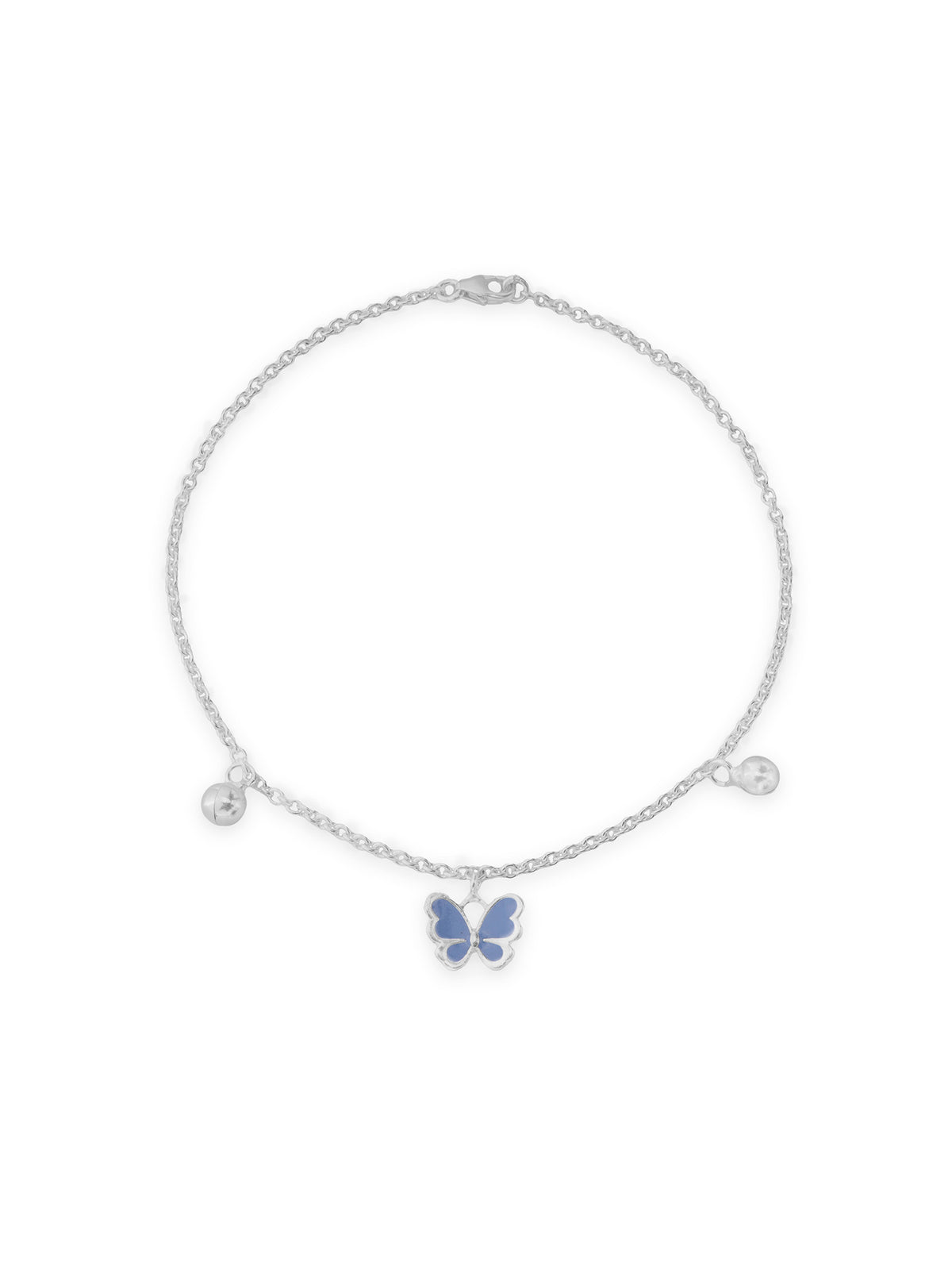 Detailed close up of SIJA 925 Silver Blue Butterfly Jingle Anklet highlighting blue butterfly charm craftsmanship