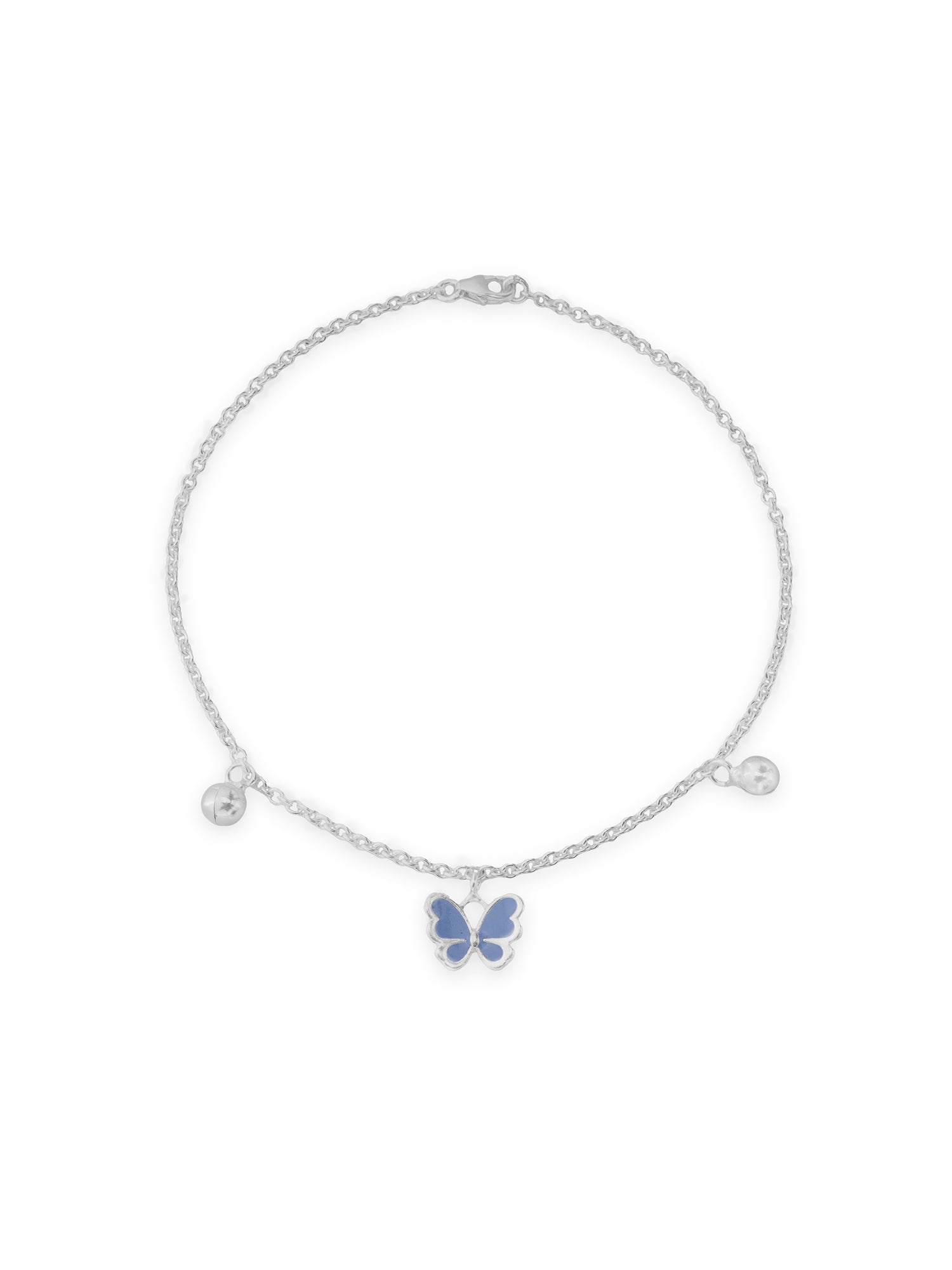 Detailed close up of SIJA 925 Silver Blue Butterfly Jingle Anklet highlighting blue butterfly charm craftsmanship